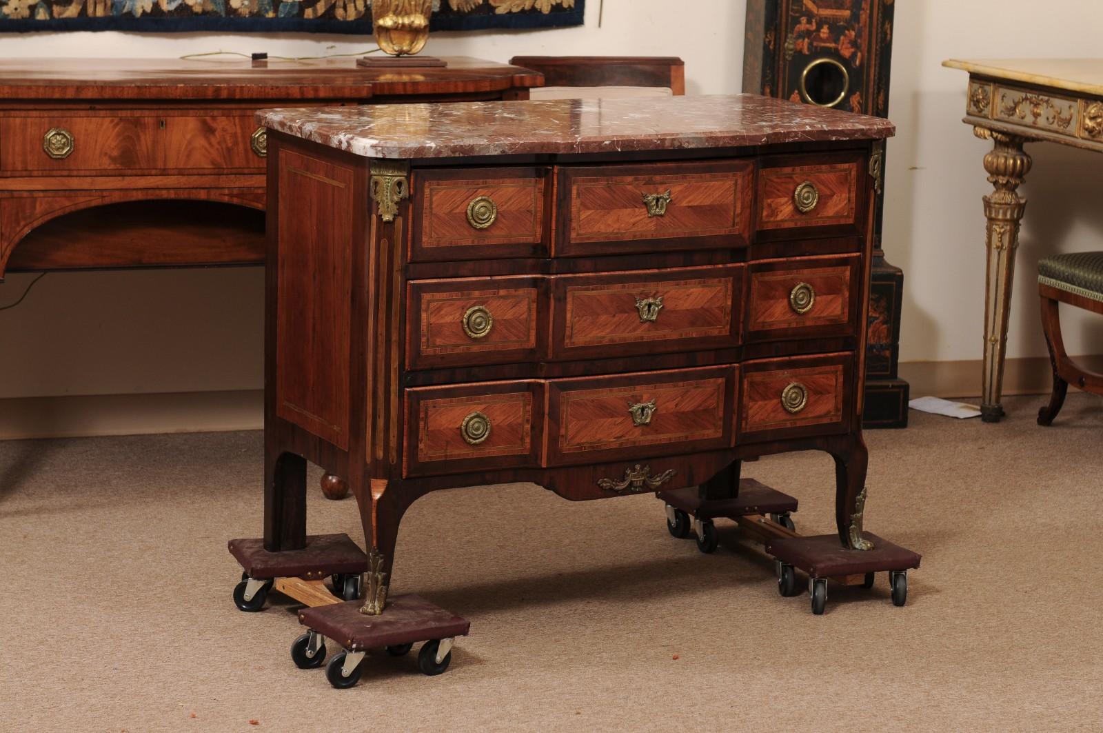 18th Century French Transitional XV/XVI Commode in Tulipwood/Kingwood with Marble Top and Ormolu Mounts