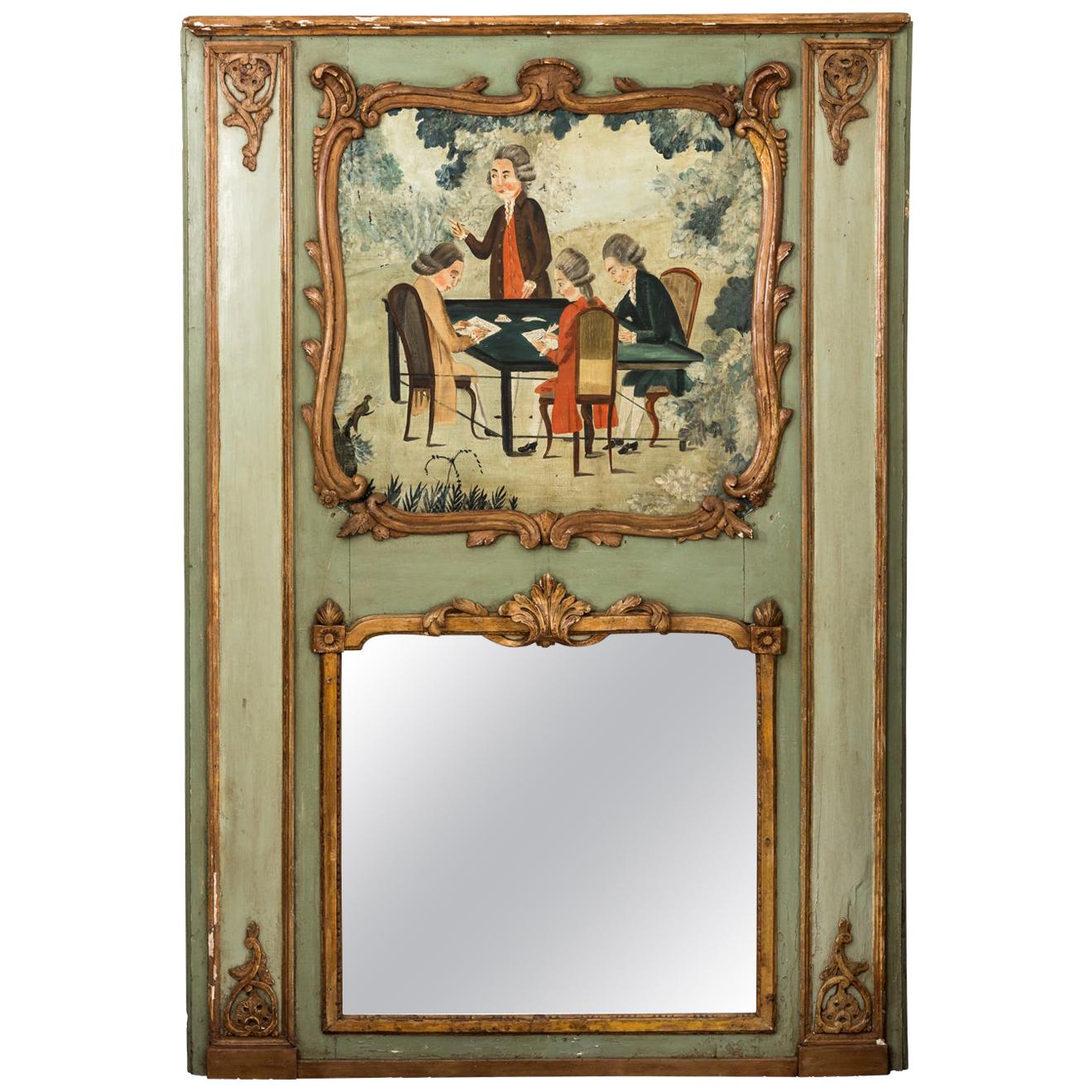 18th Century French Trumeau Mirror "Gentlemen Playing Cards" For Sale