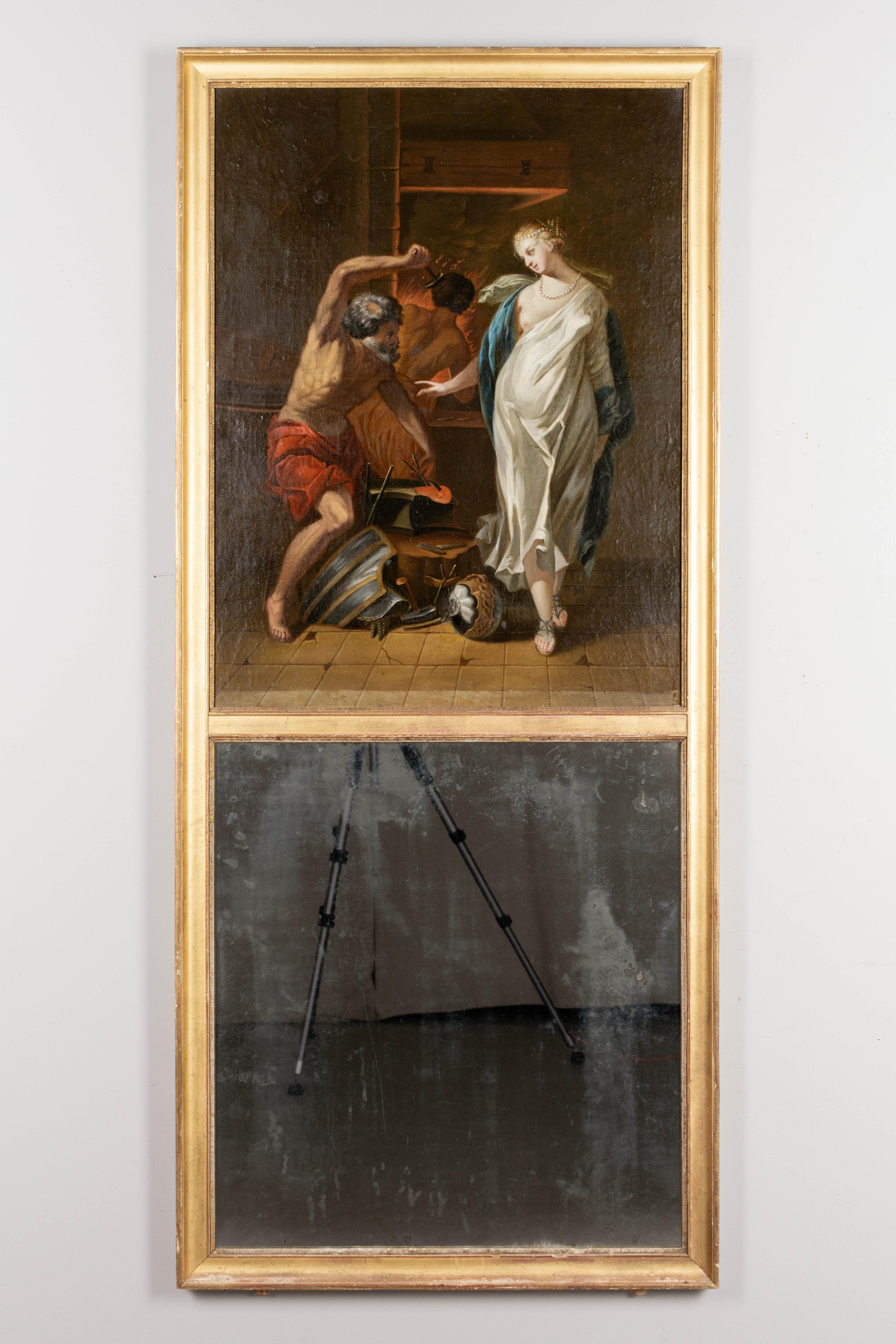 An 18th century French Louis XVI style trumeau mirror with a large painting depicting Venus at the Forge of Vulcan. Fine quality oil on canvas with vivid color. Gilded wood frame is in good condition with minor losses and touch-ups. Original mirror