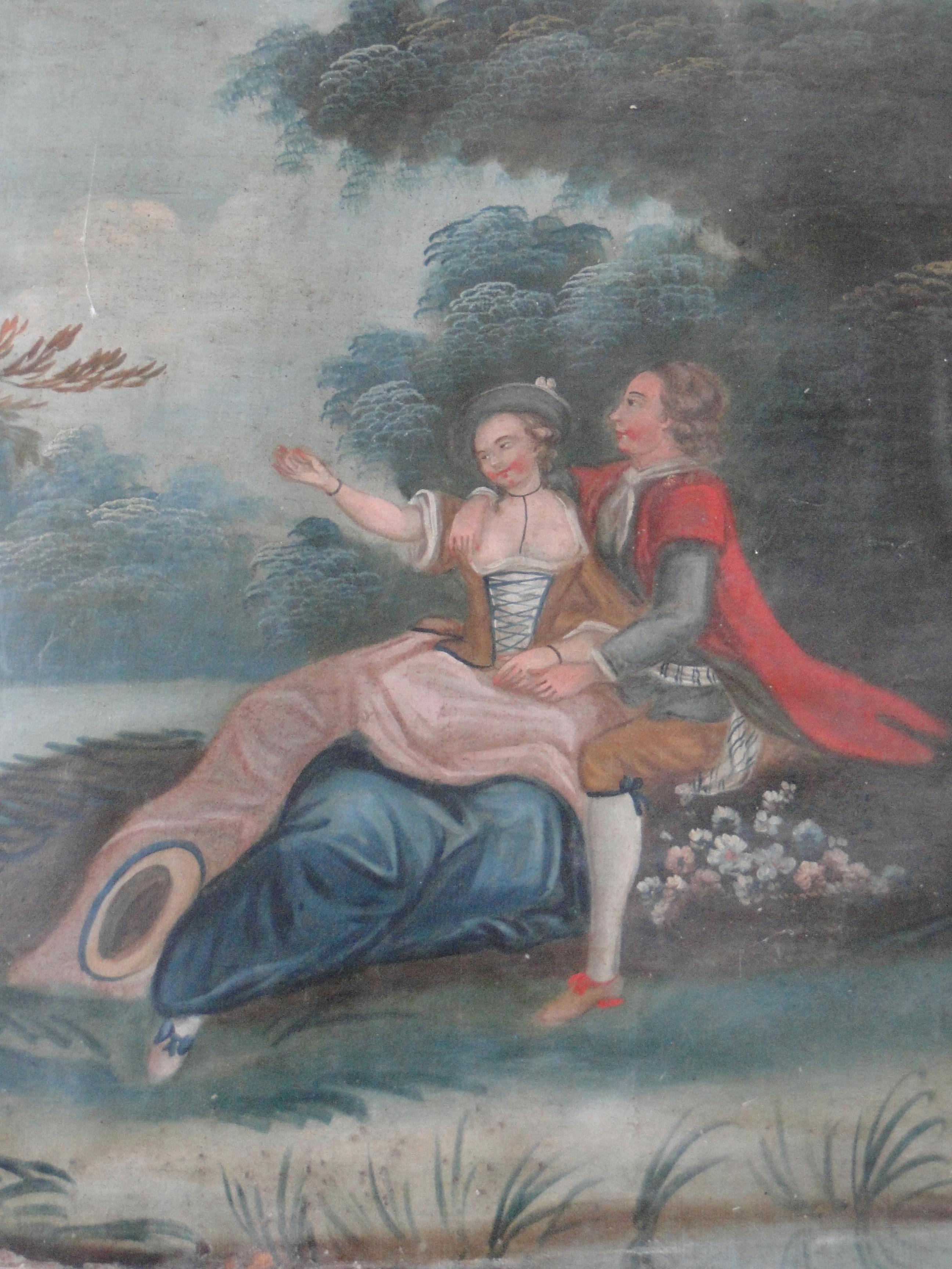 Late 18th Century 18th Century French Trumeau with Romantic Scene Oil Painting For Sale