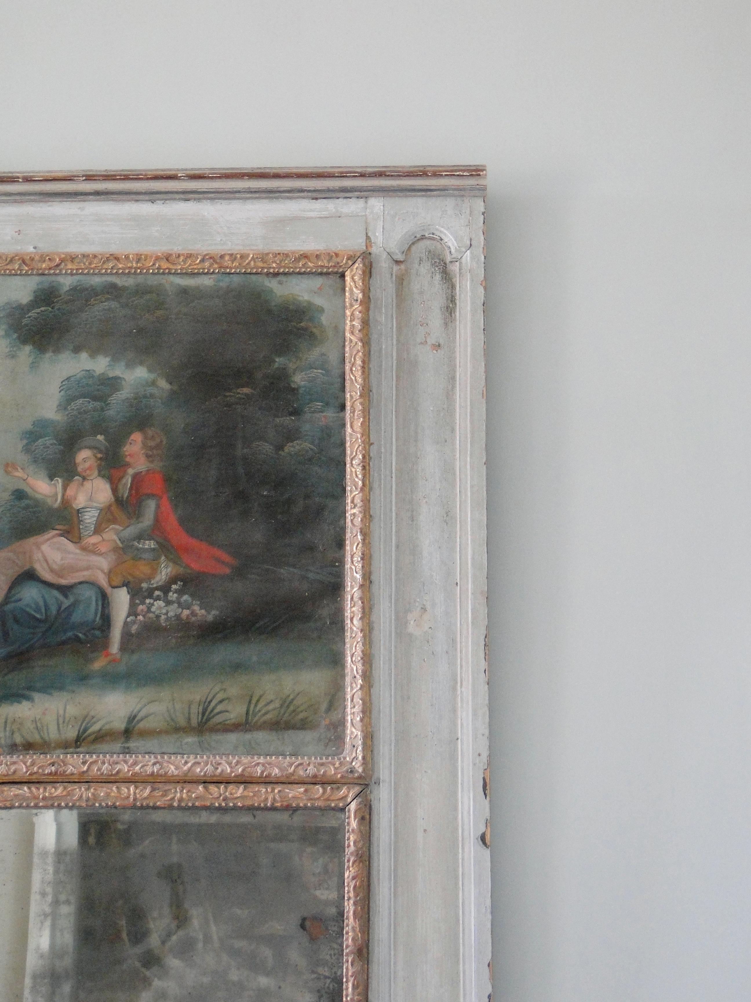 Canvas 18th Century French Trumeau with Romantic Scene Oil Painting For Sale