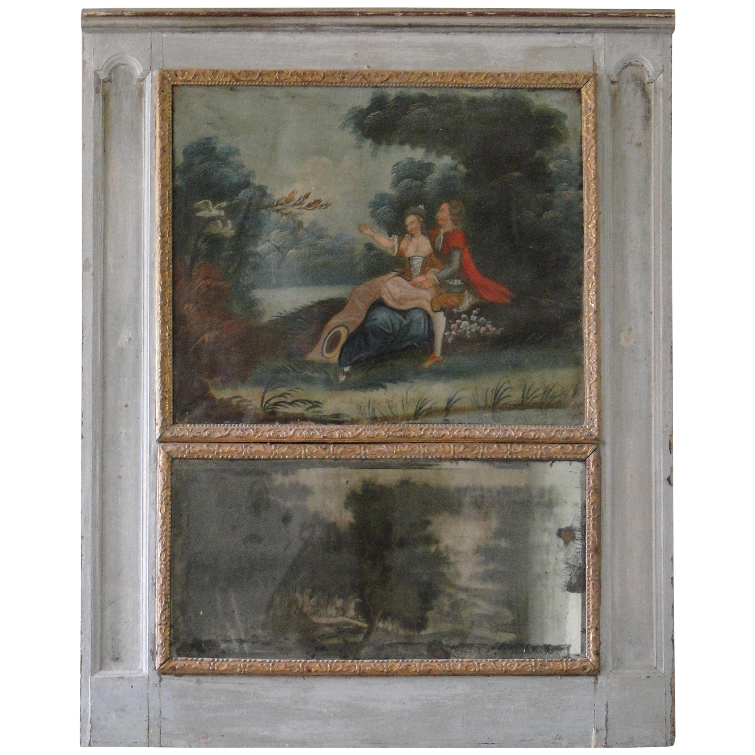 18th Century French Trumeau with Romantic Scene Oil Painting For Sale