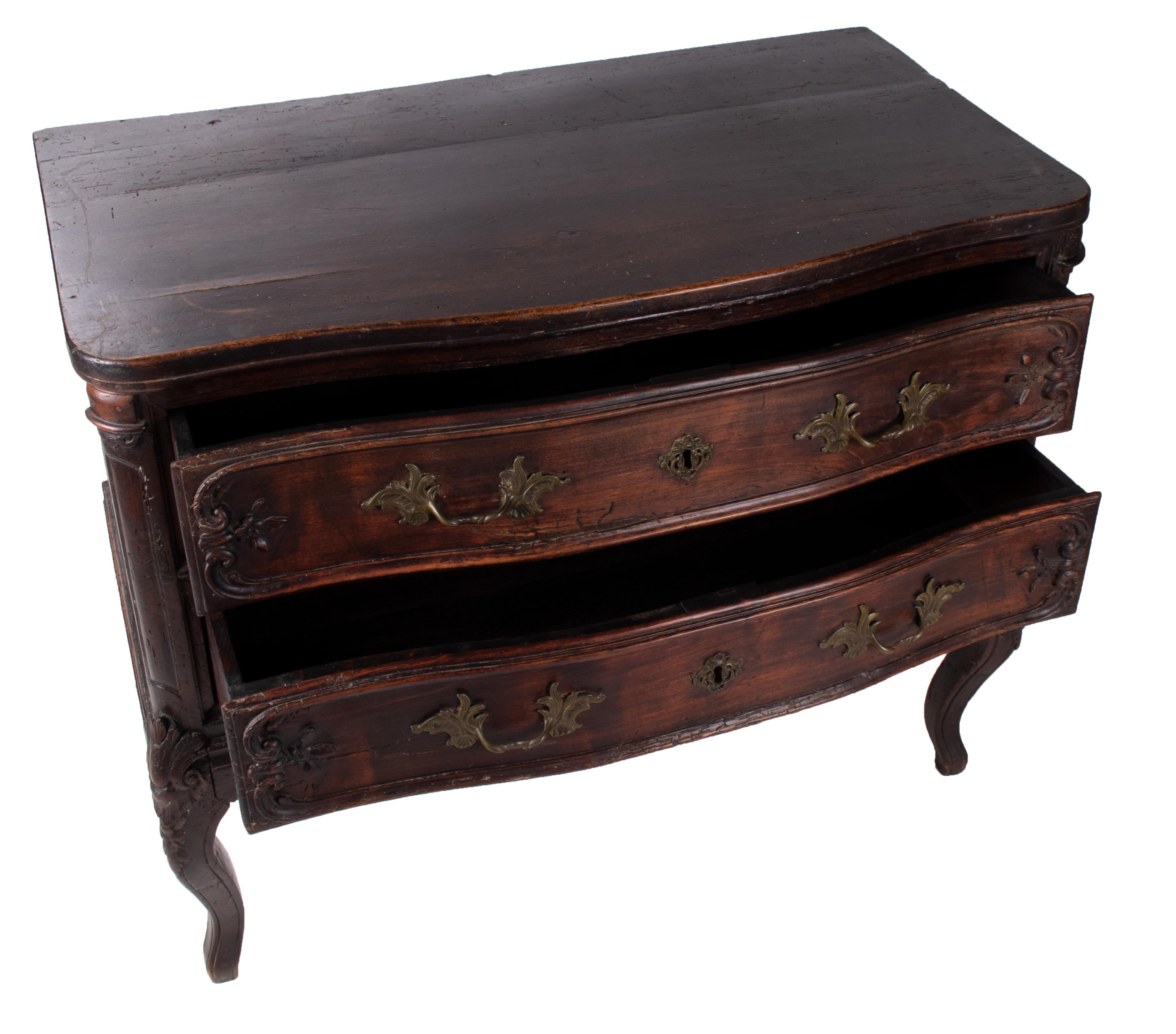Wood 18th Century French Two Drawers Commode with Brass Fittings 