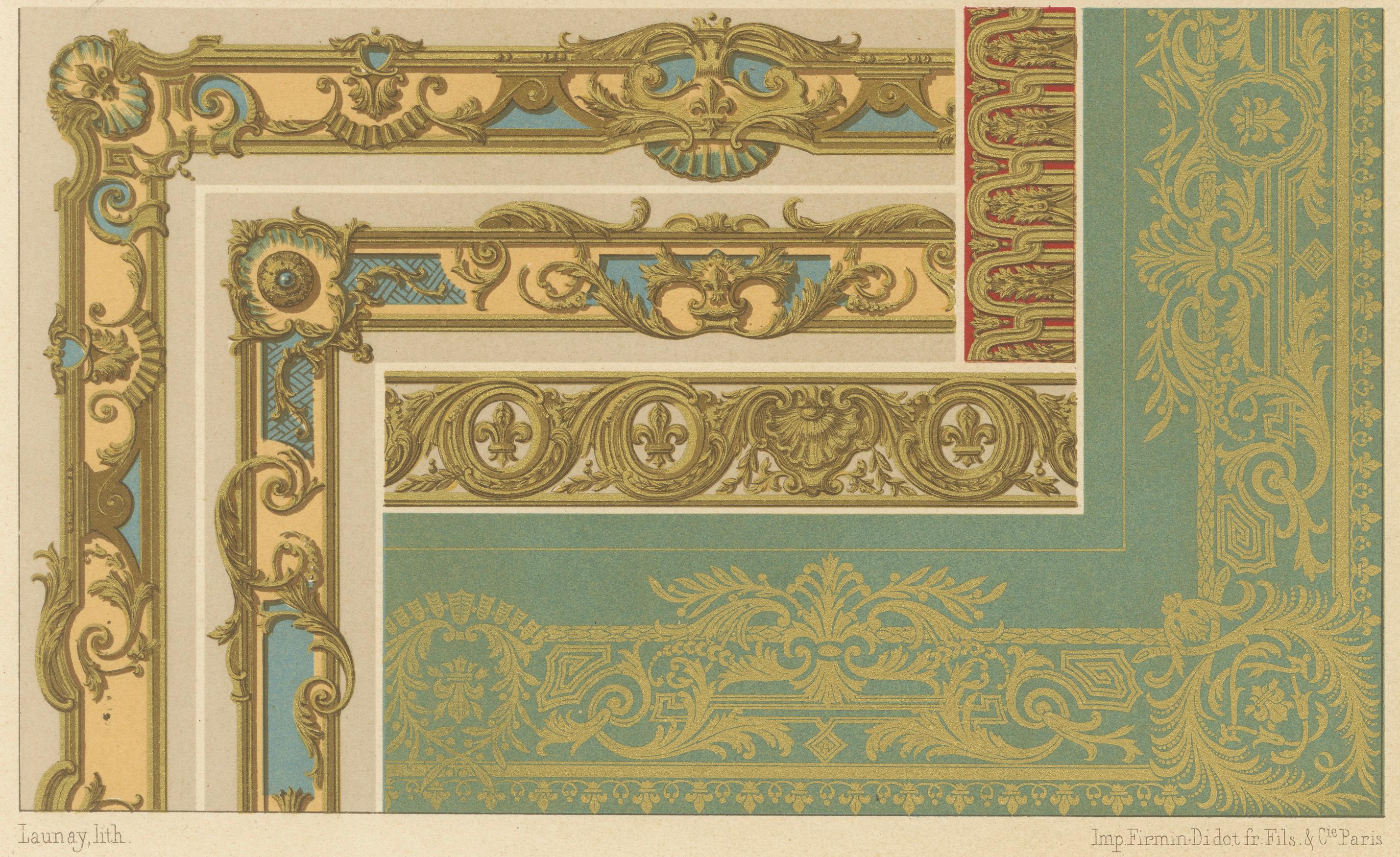 Décorations murales et de bordures françaises du XVIIIe siècle - Cadres floraux rococo, planche XCIII

Cette exquise chromolithographie, la planche XCIII de *L'Ornement Polychrome*, présente une série de décorations murales et de panneaux richement