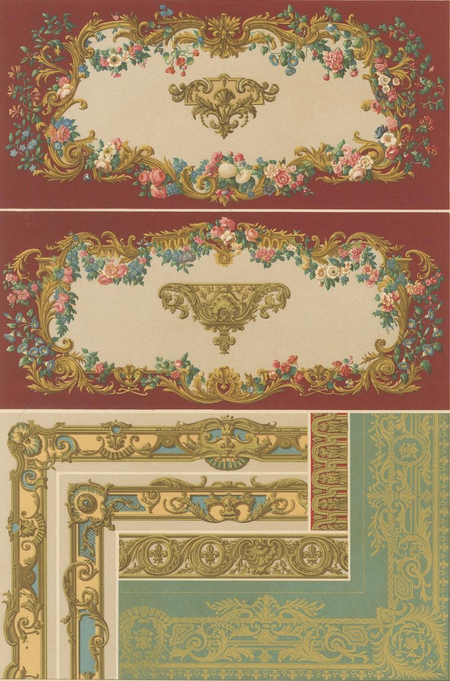 Décoration murale et de bordures française du 18e siècle - Cadres floraux Rococo, Plaque XCI Bon état - En vente à Langweer, NL