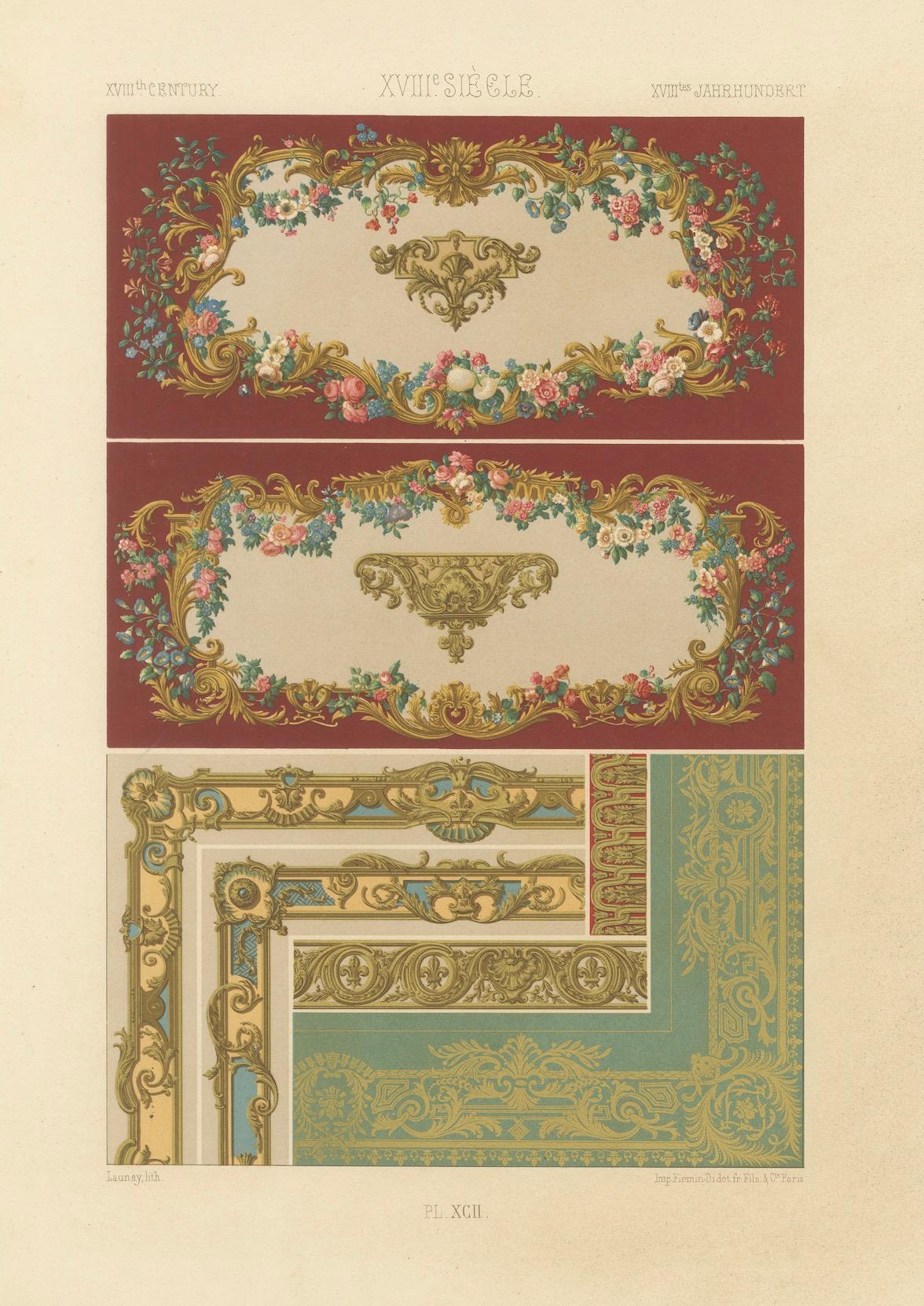 XIXe siècle Décoration murale et de bordures française du 18e siècle - Cadres floraux Rococo, Plaque XCI en vente