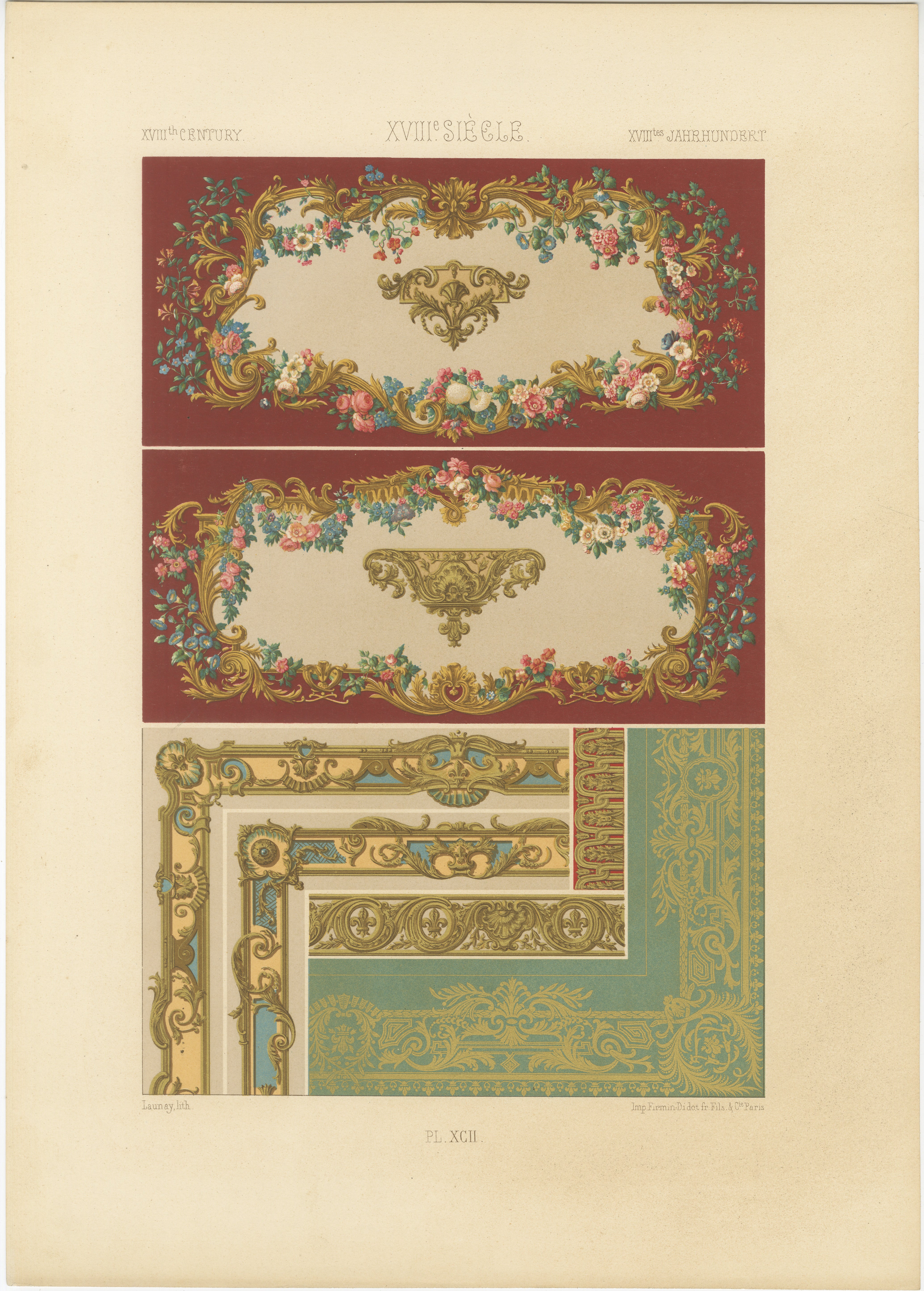 Décoration murale et de bordures française du 18e siècle - Cadres floraux Rococo, Plaque XCI en vente