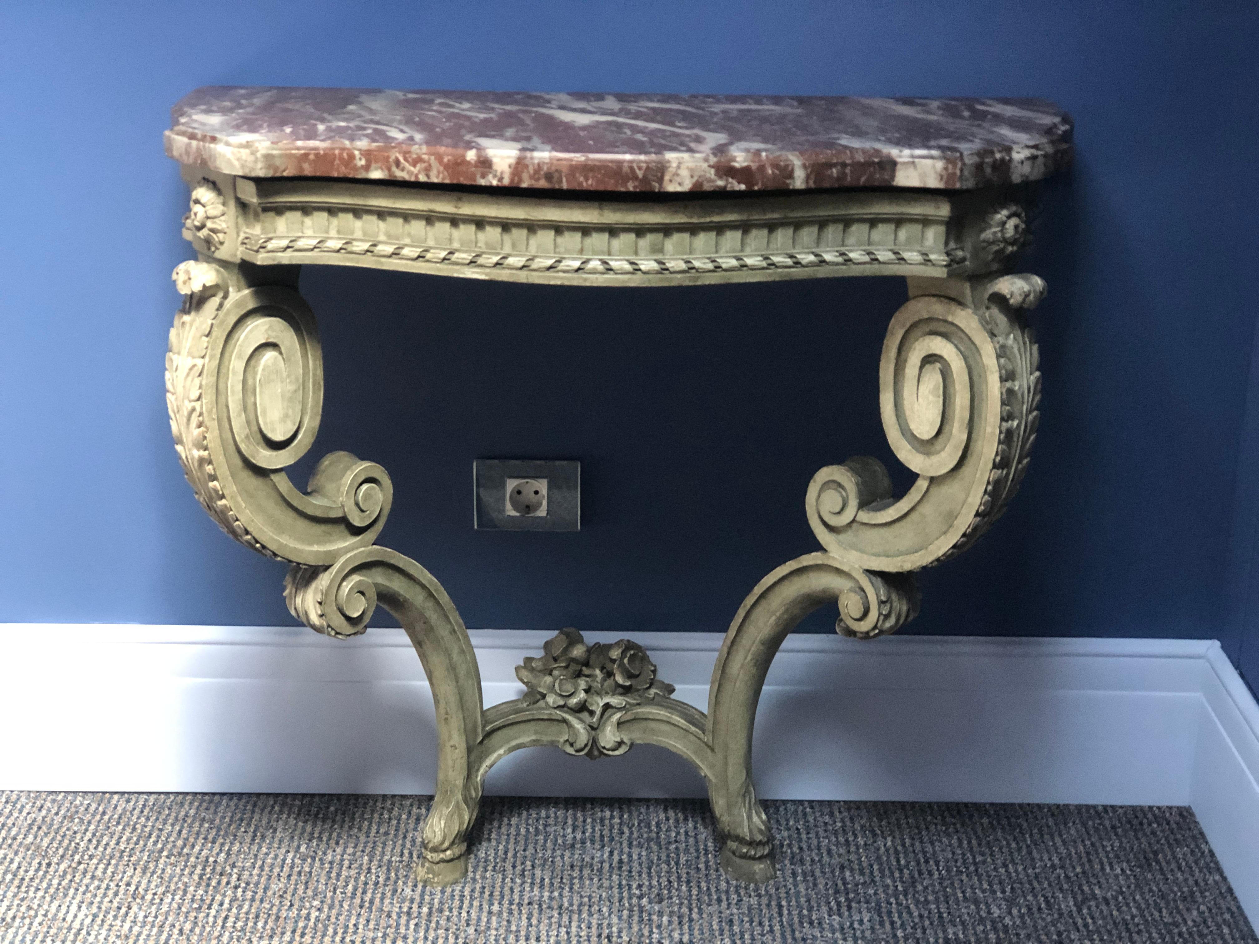 Hand-Carved 18th Century French Wall Console in Lacquered Hand Carved Wood and Marble Top For Sale