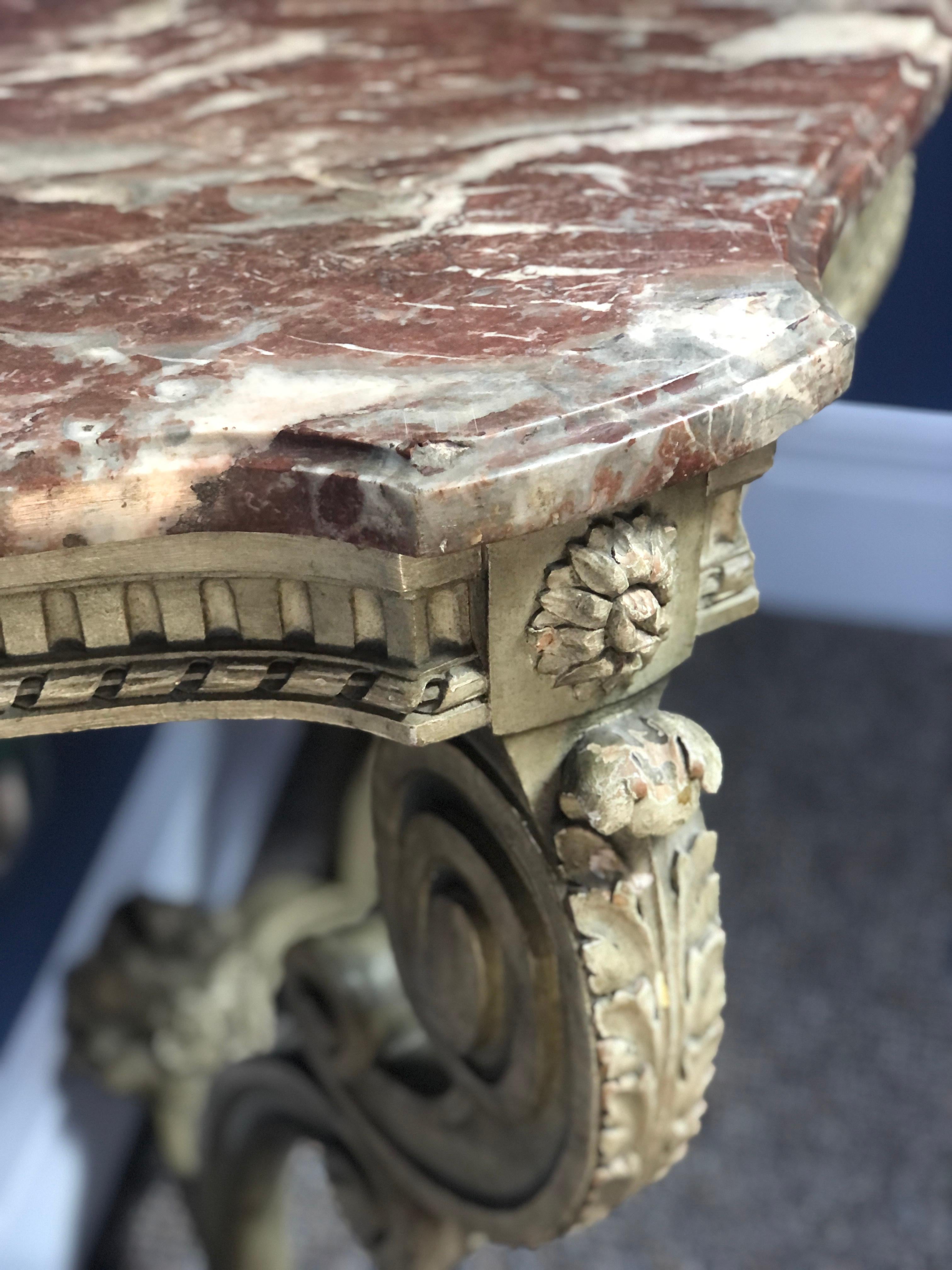18th Century French Wall Console in Lacquered Hand Carved Wood and Marble Top For Sale 1