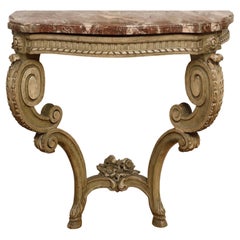 18th Century French Wall Console in Lacquered Hand Carved Wood and Marble Top