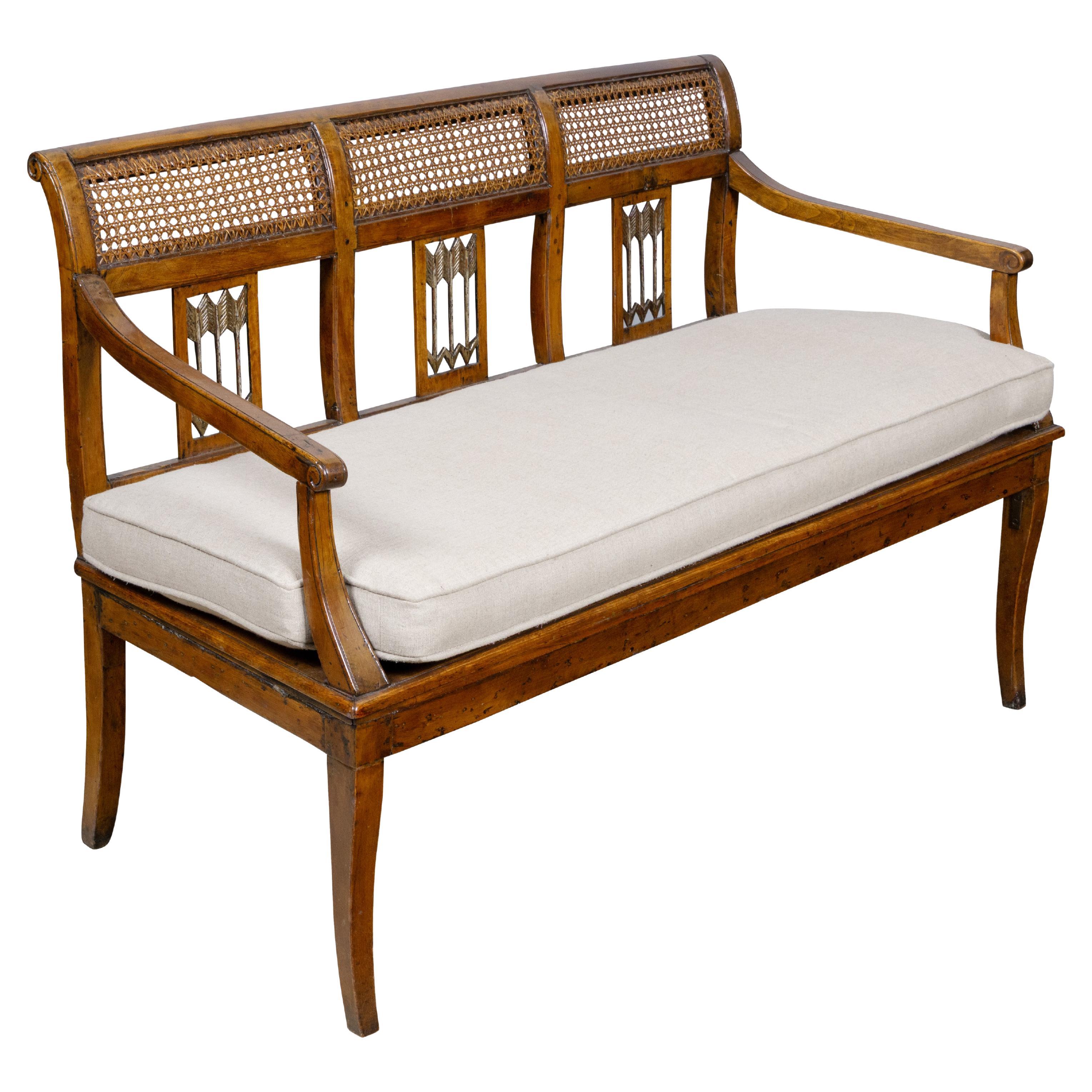 18th Century French Walnut and Cane Canapé with New Upholstery For Sale