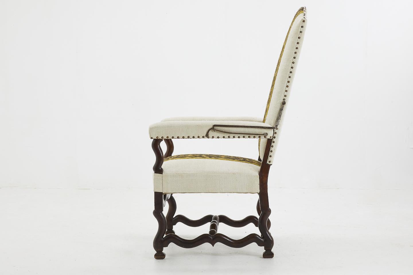 Needlework 18th Century French Walnut Armchair with Metal and Silk Thread Panel For Sale