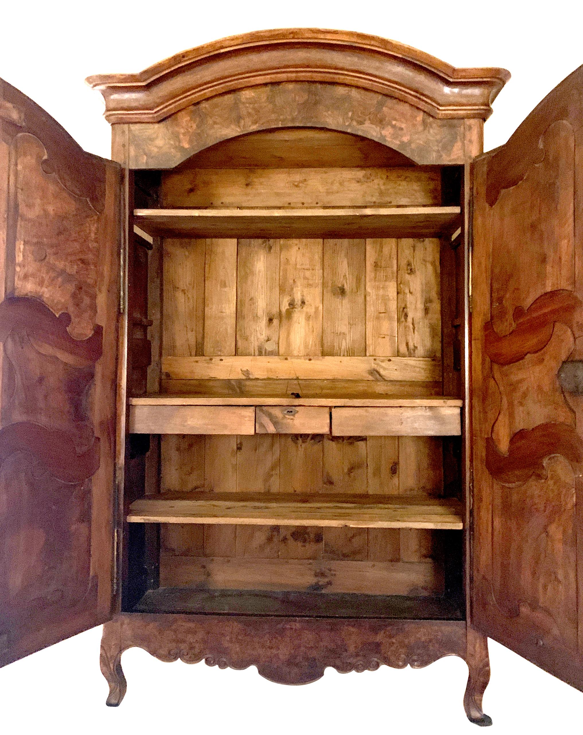 French Provincial 18th Century French Walnut Armoire with Burl Paneling For Sale