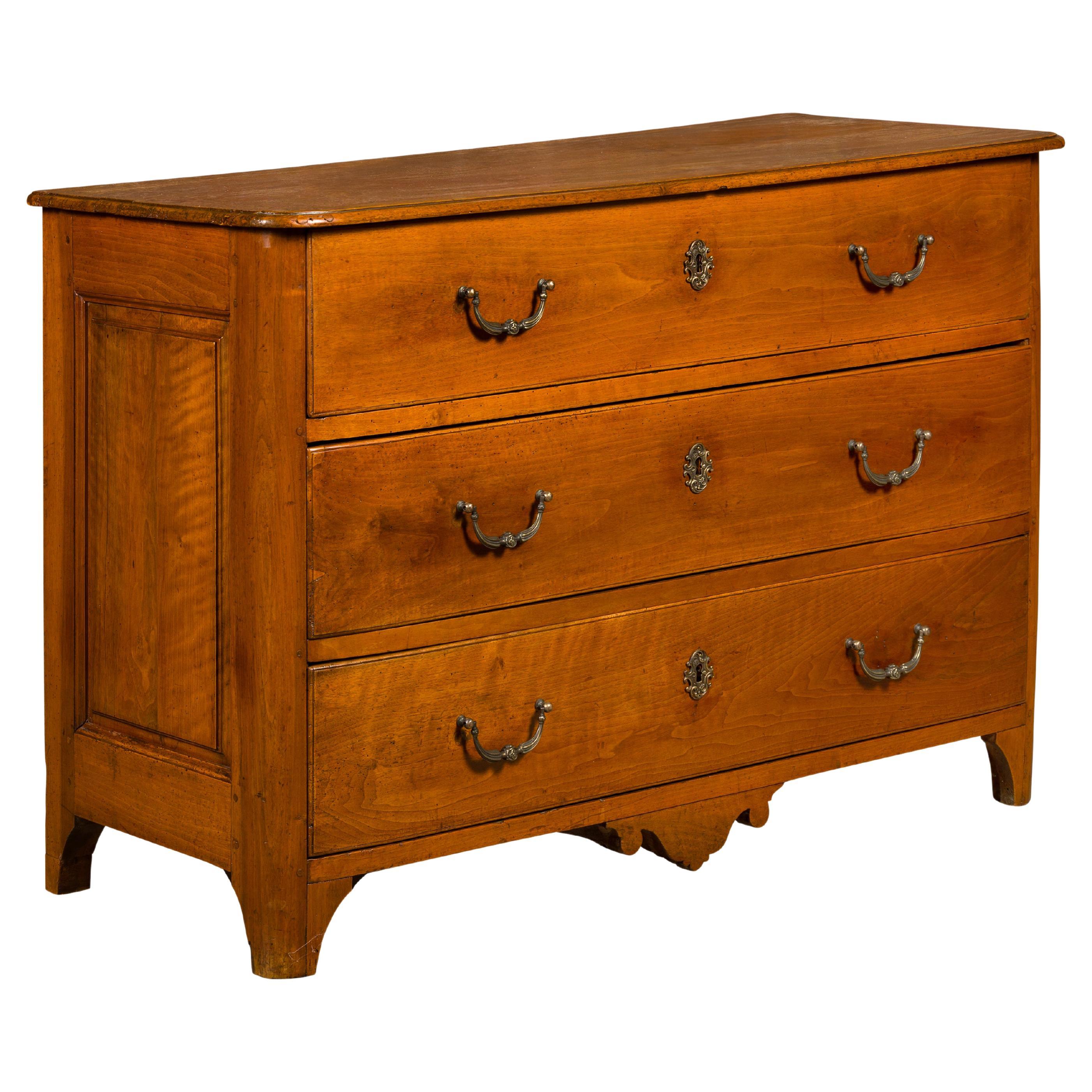 18th Century French Walnut Commode with Three Drawers and Carved Apron For Sale