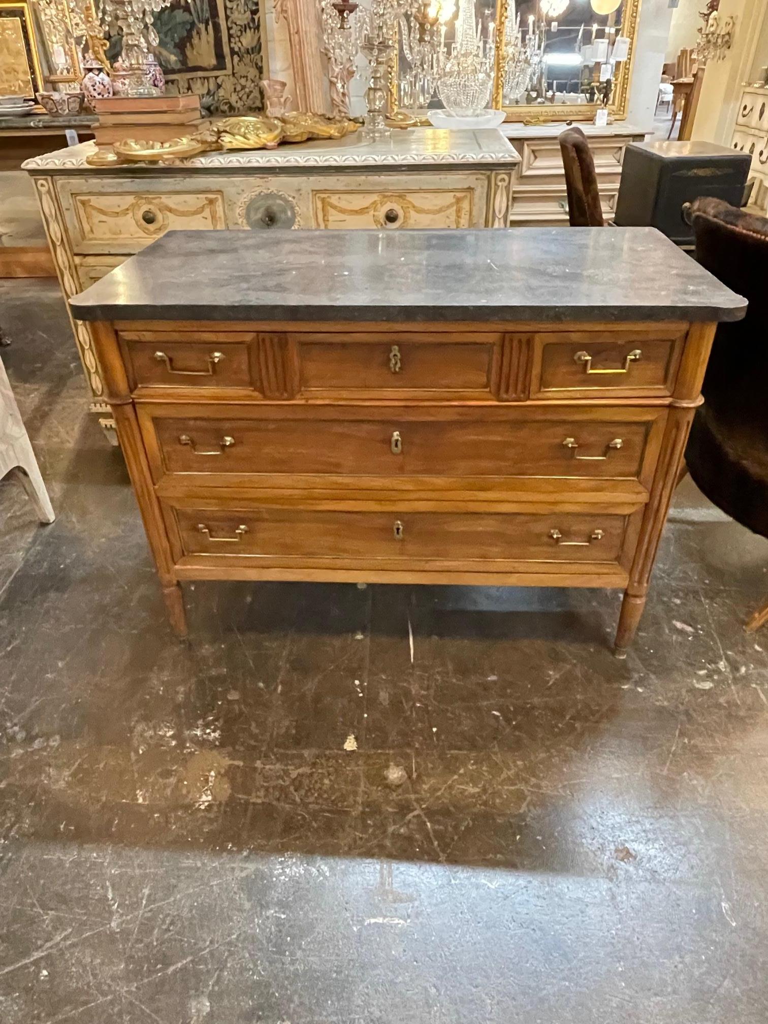 Very nice antique French DIrectoire style walnut commode with black Belgian marble top. Beautiful clean lines and 3 drawers for storage. A classic beauty!