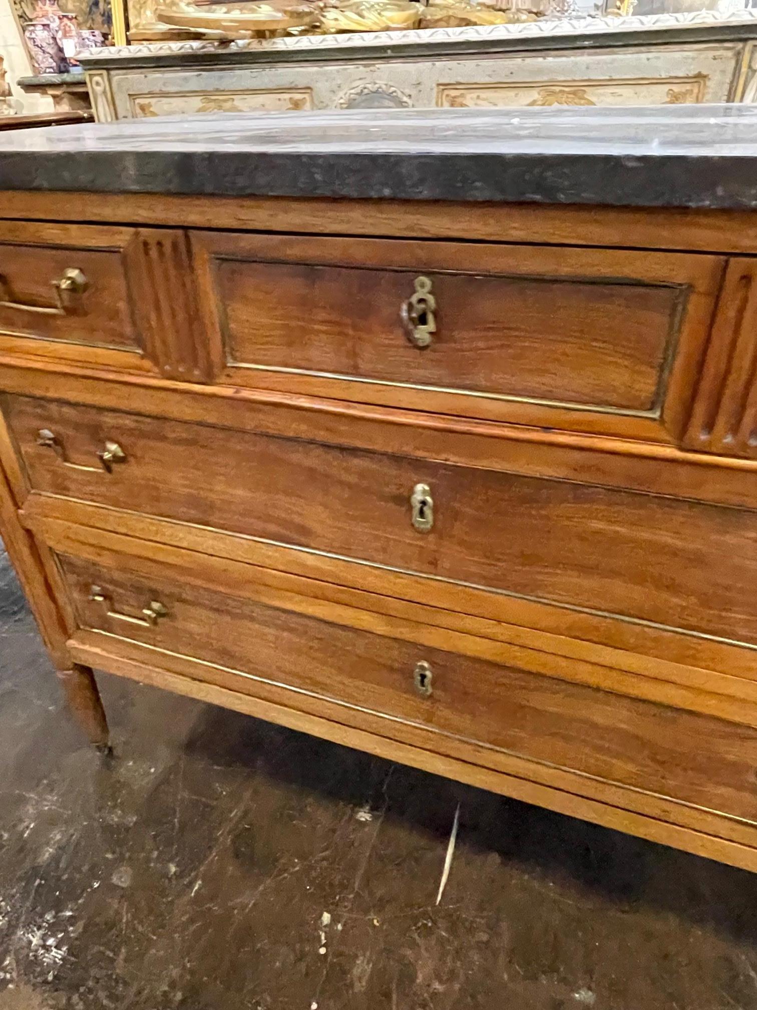 Belgian Black Marble 18th Century French Walnut Directoire Comode with Black Belgian Marble Top