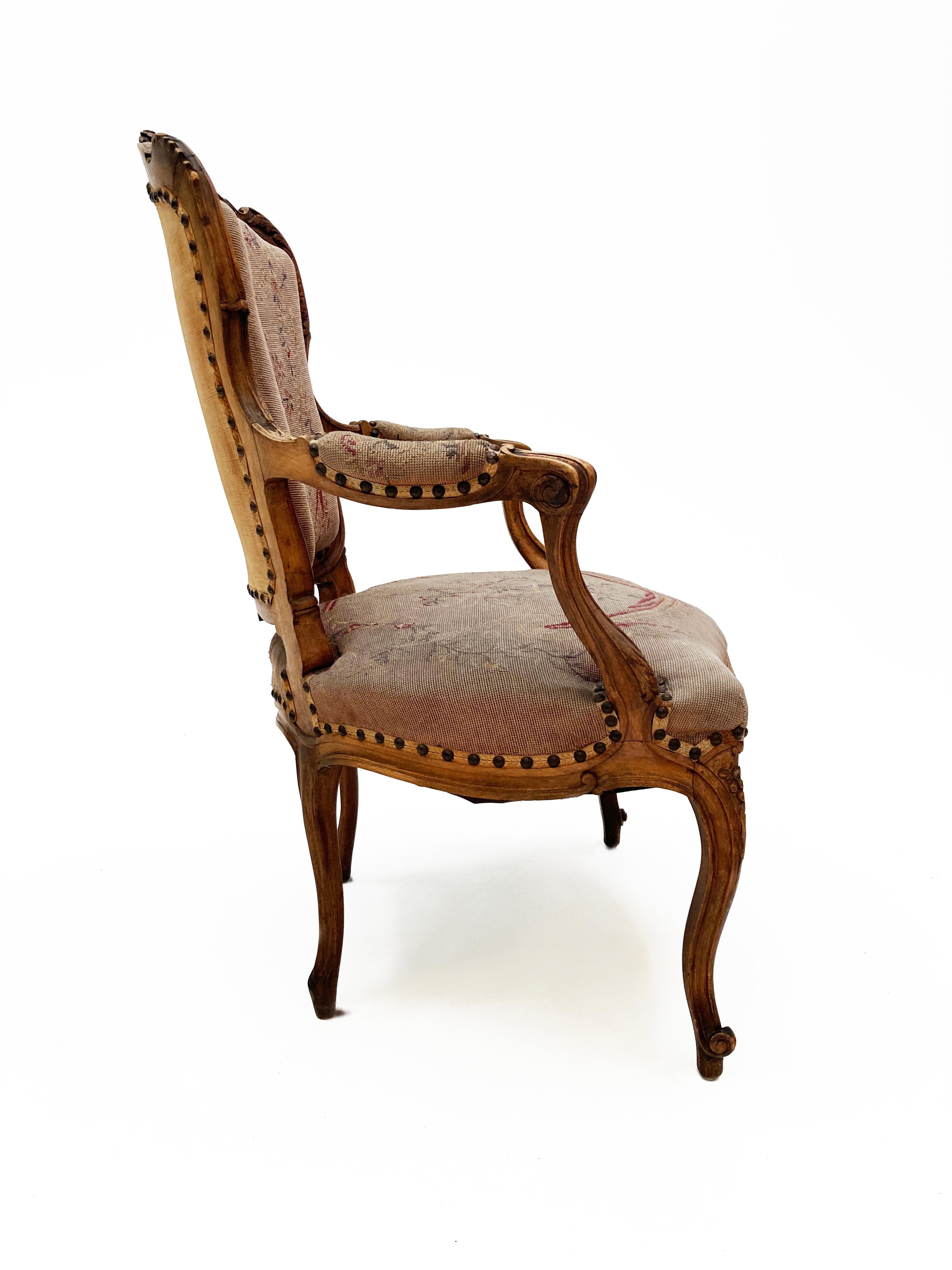 18th Century French Walnut Louis XV Style Fauteuil with Original Petit Point For Sale 7