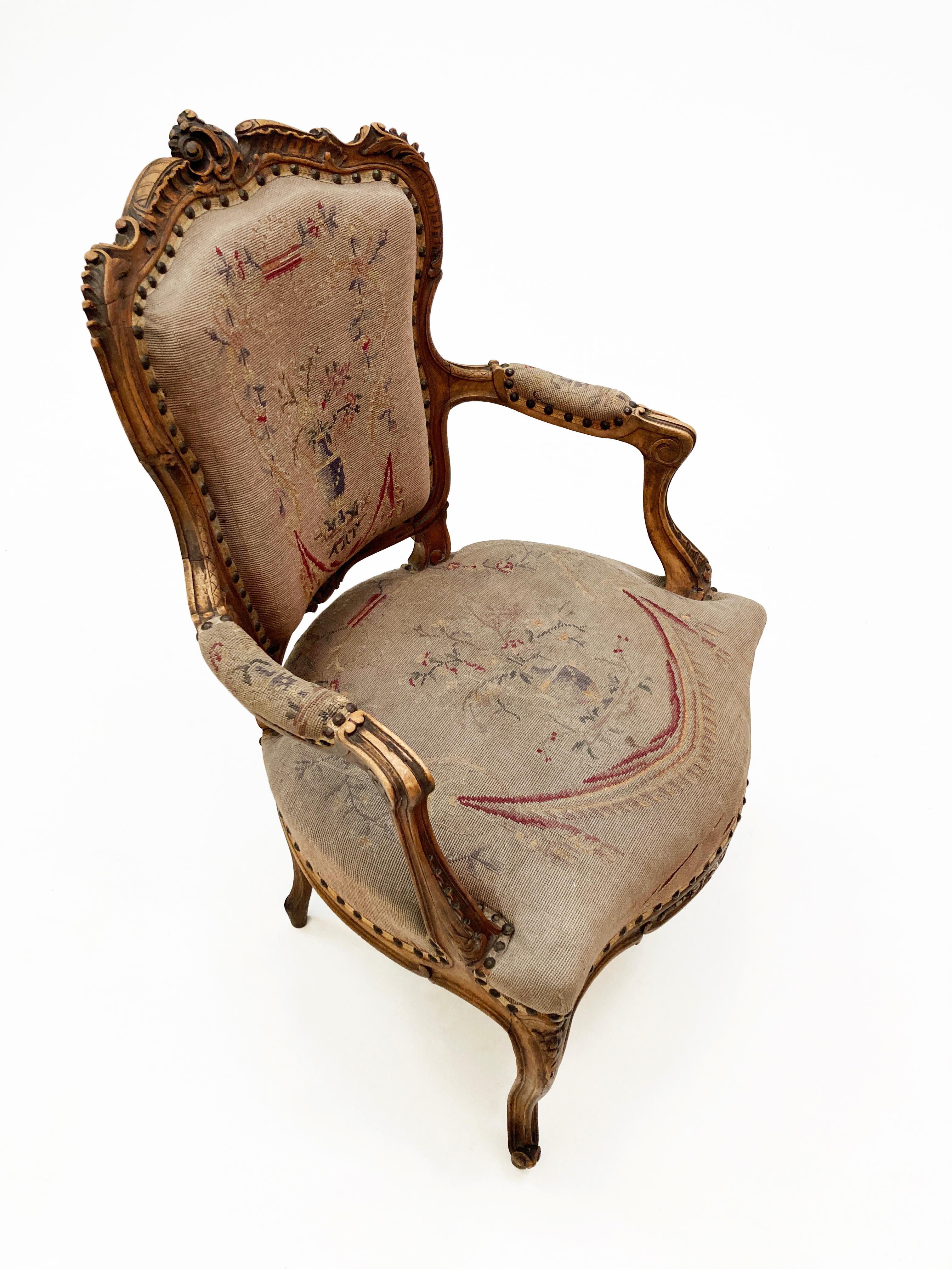18th Century French Walnut Louis XV Style Fauteuil with Original Petit Point For Sale 8