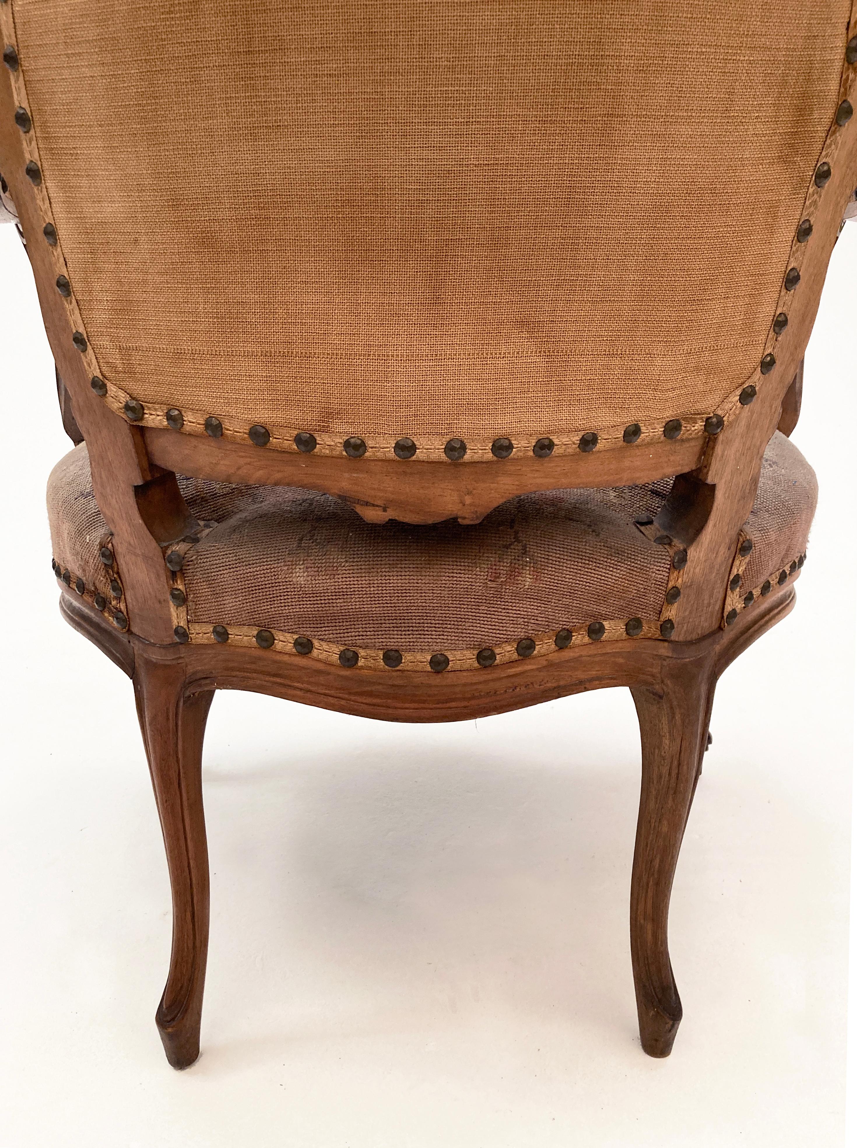 18th Century French Walnut Louis XV Style Fauteuil with Original Petit Point For Sale 9