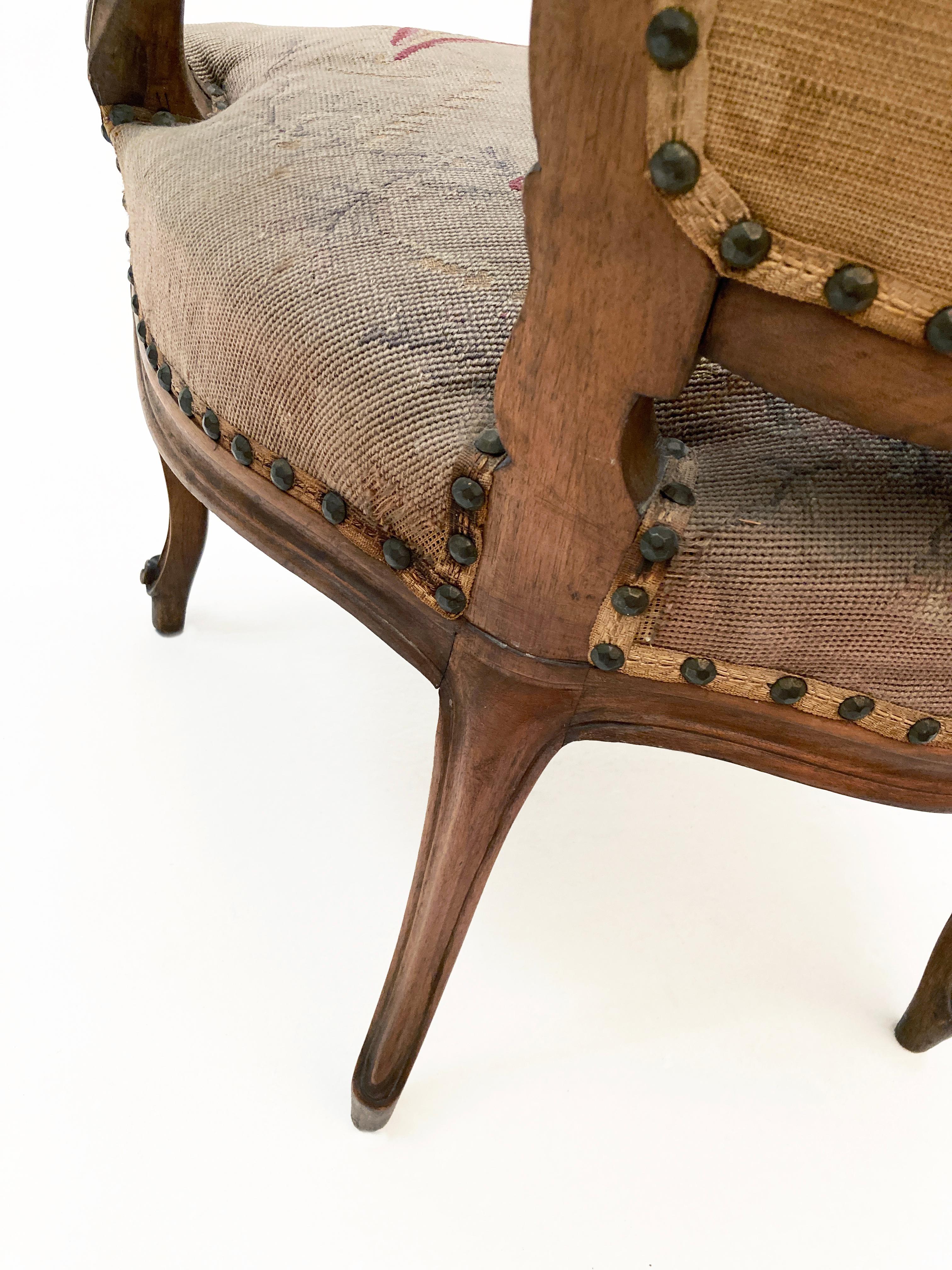 18th Century French Walnut Louis XV Style Fauteuil with Original Petit Point For Sale 11