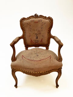 18th Century French Walnut Louis XV Style Fauteuil with Original Petit Point