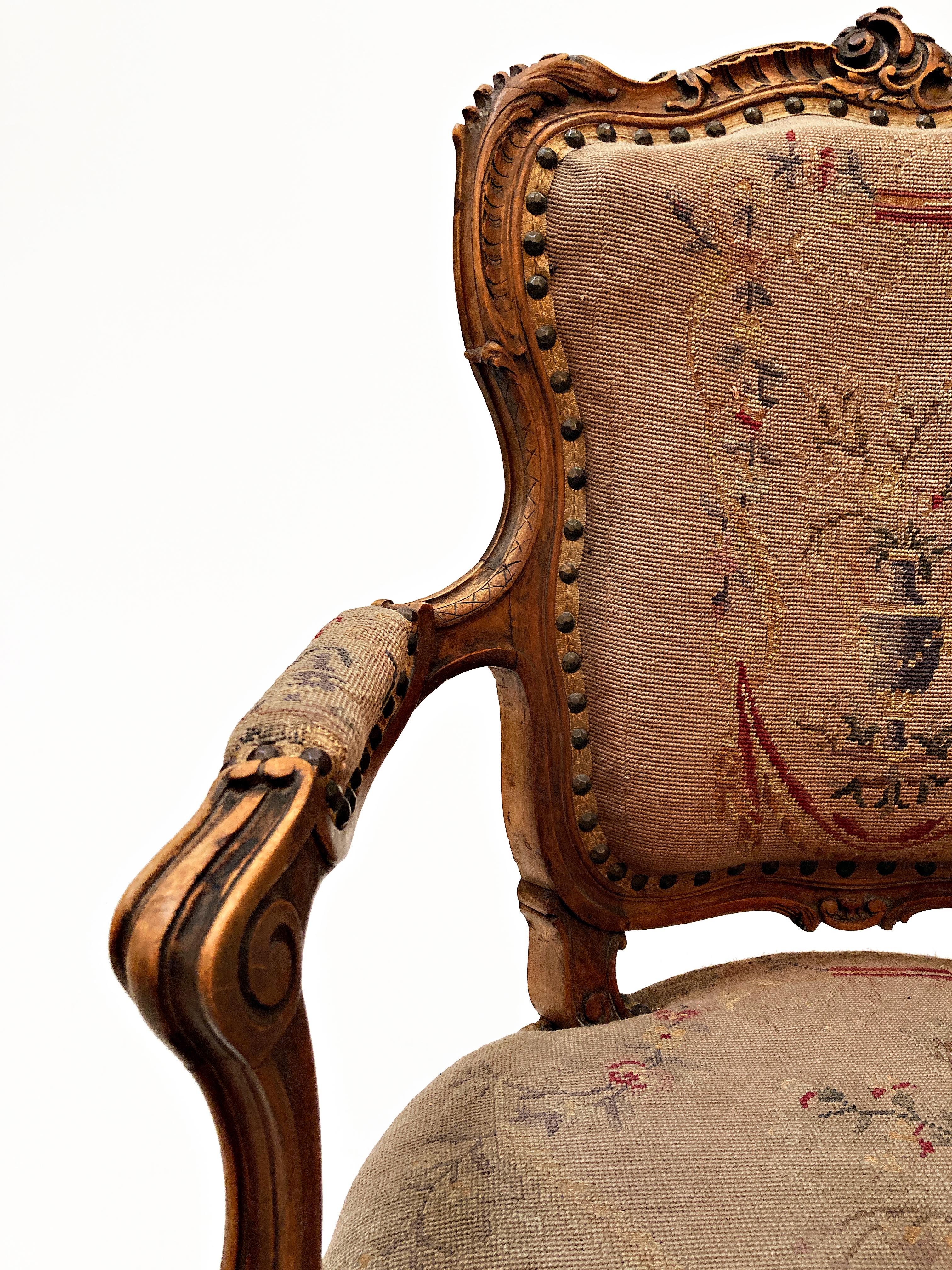Upholstery 18th Century French Walnut Louis XV Style Fauteuil with Original Petit Point For Sale