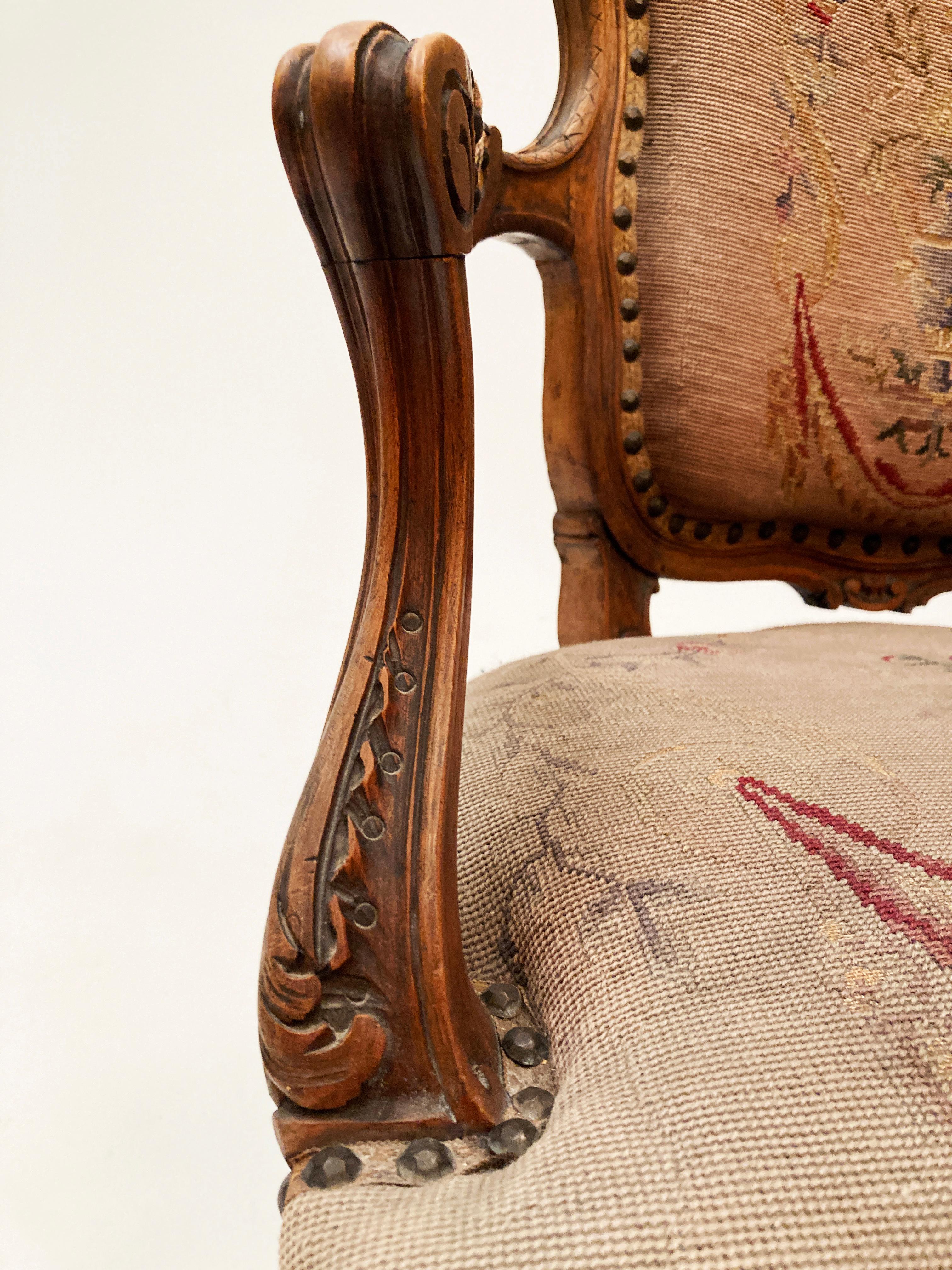 18th Century French Walnut Louis XV Style Fauteuil with Original Petit Point For Sale 1