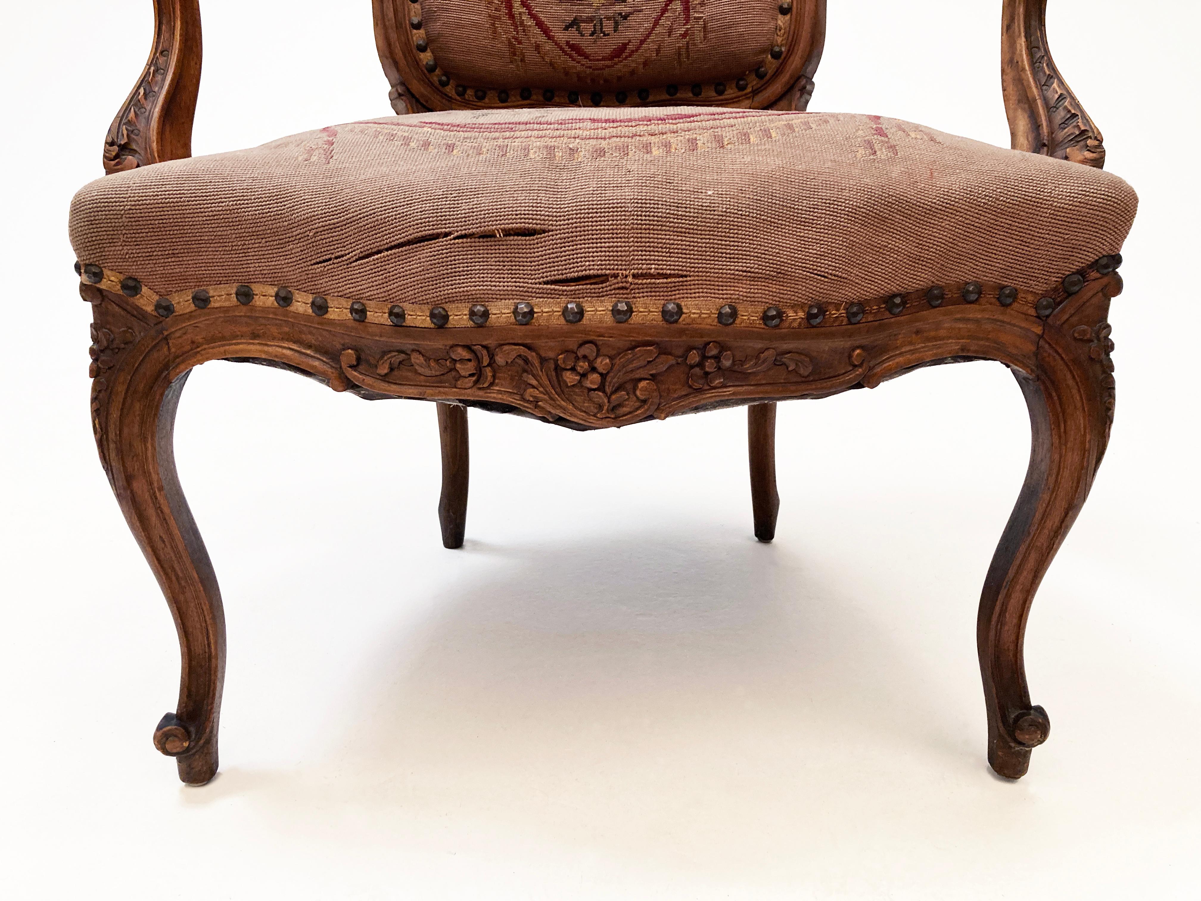 18th Century French Walnut Louis XV Style Fauteuil with Original Petit Point For Sale 2