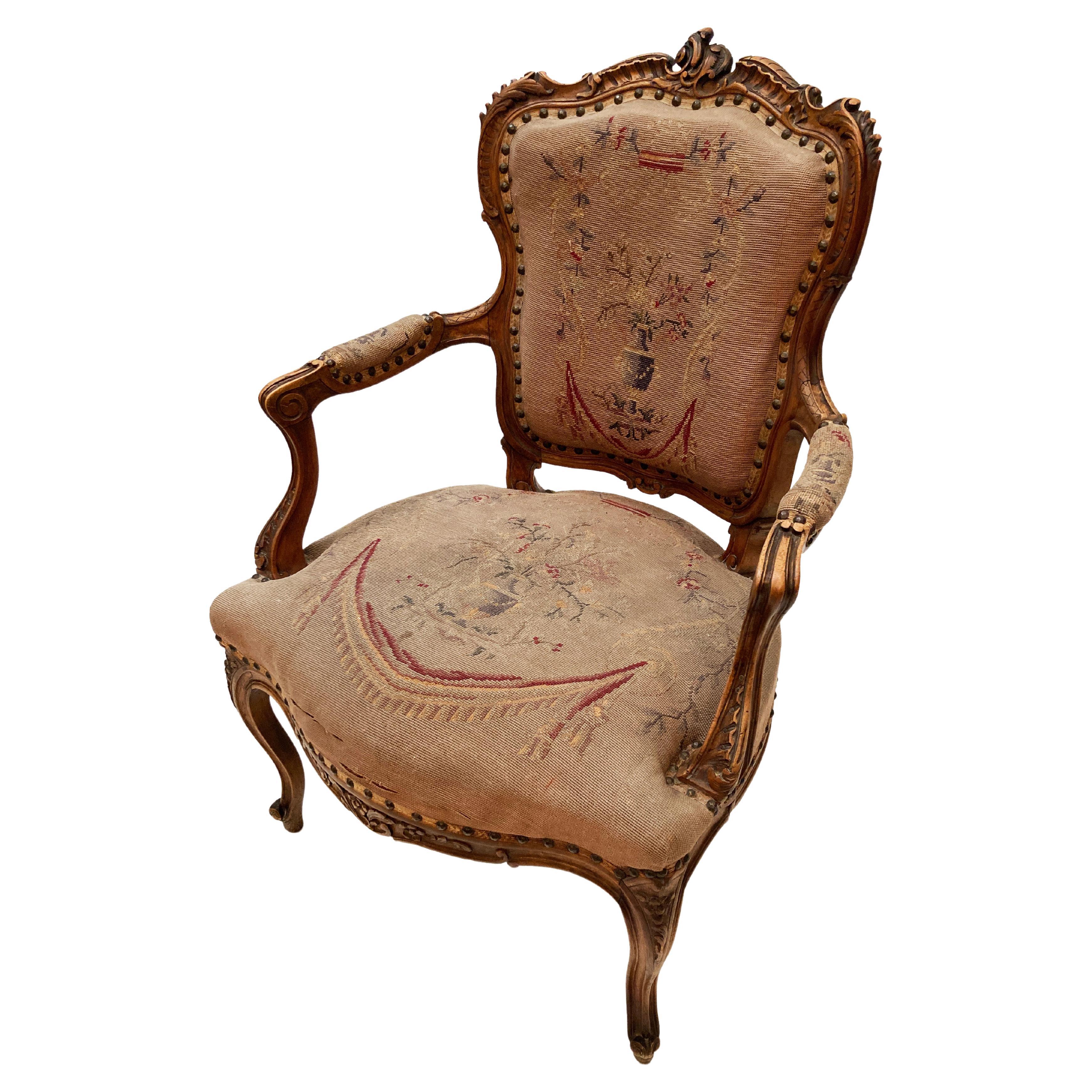 18th Century French Walnut Louis XV Style Fauteuil with Original Petit Point For Sale