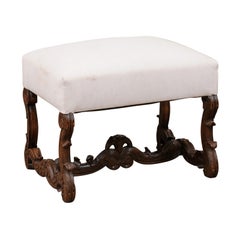18th Century French Walnut Mutton Bone Bench with Carved Foliage Design