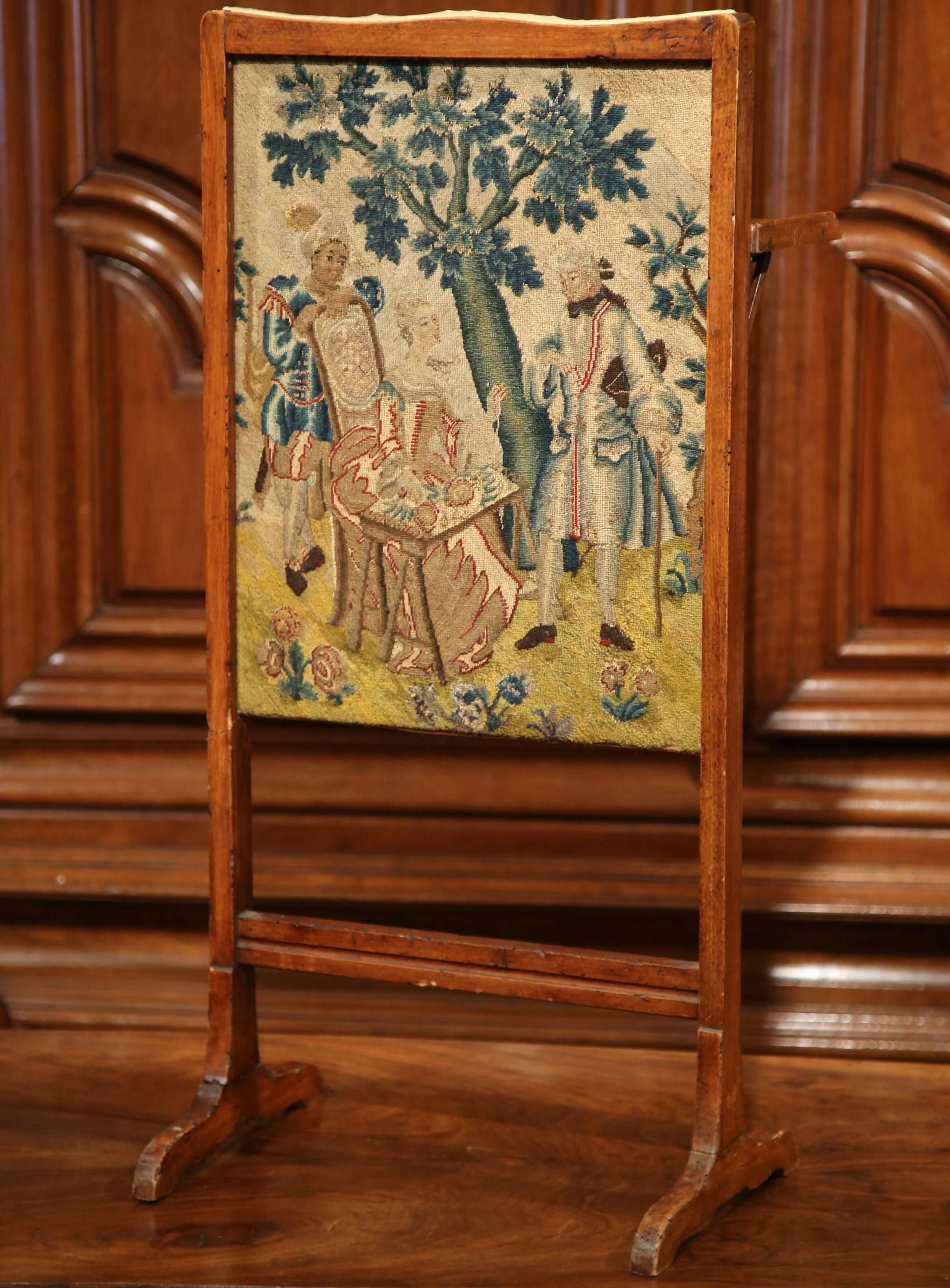 Tapestry 18th Century French Walnut Needlepoint Screen with Folding Tray Table