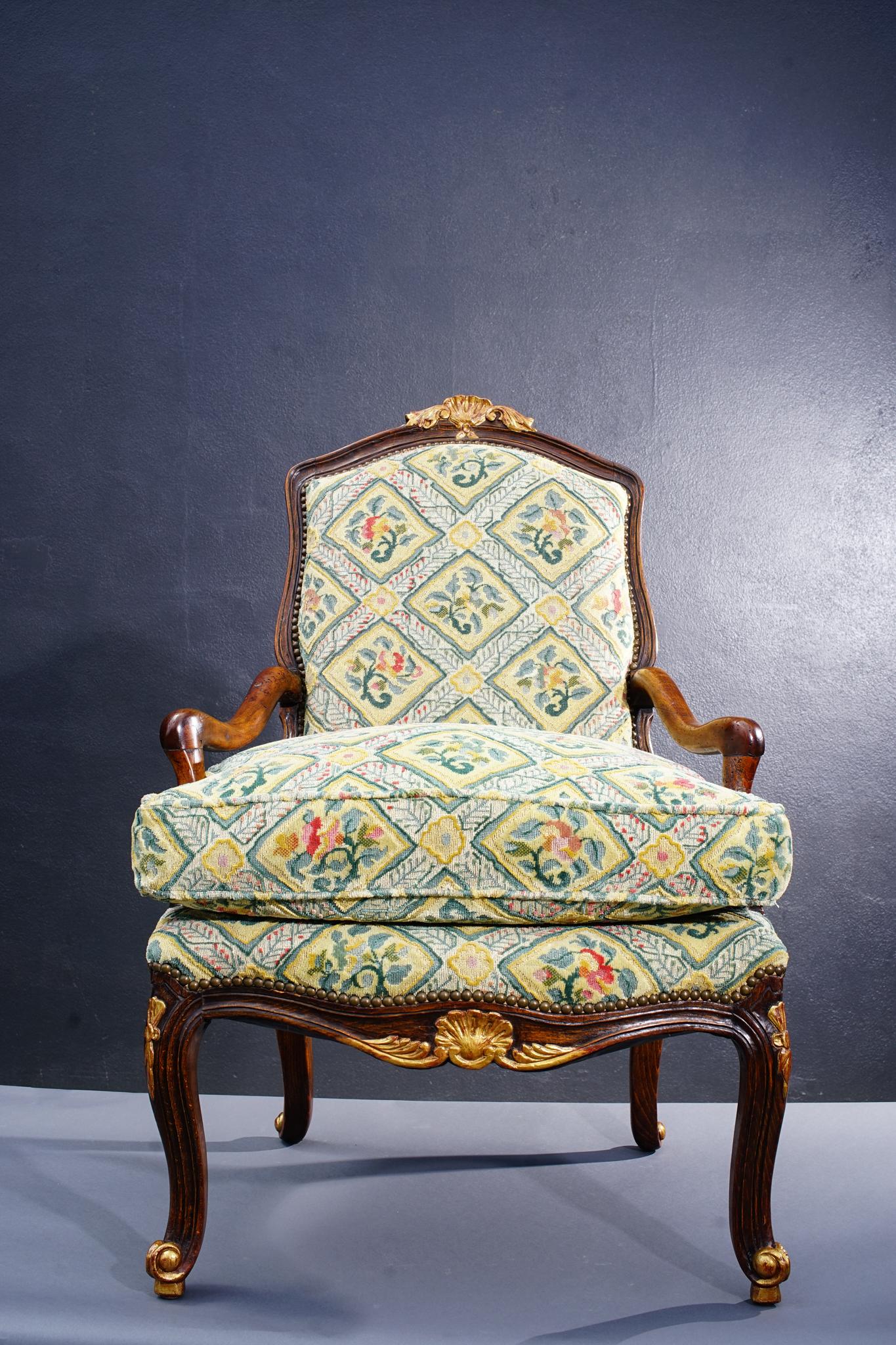 18th Century and Earlier 18th Century French Walnut Regence Armchair For Sale
