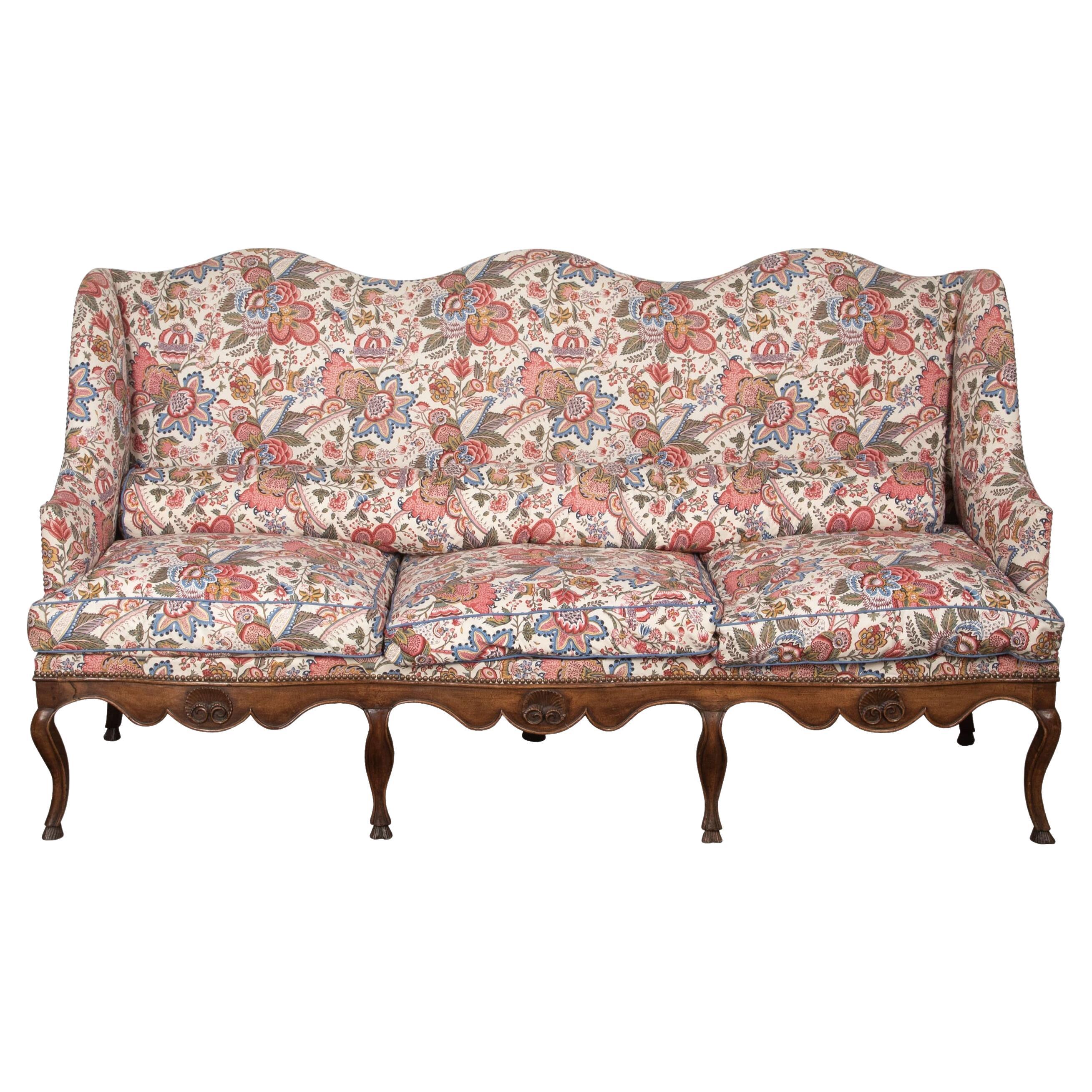 18th Century French Walnut Sofa in Pierre Frey Fabric For Sale