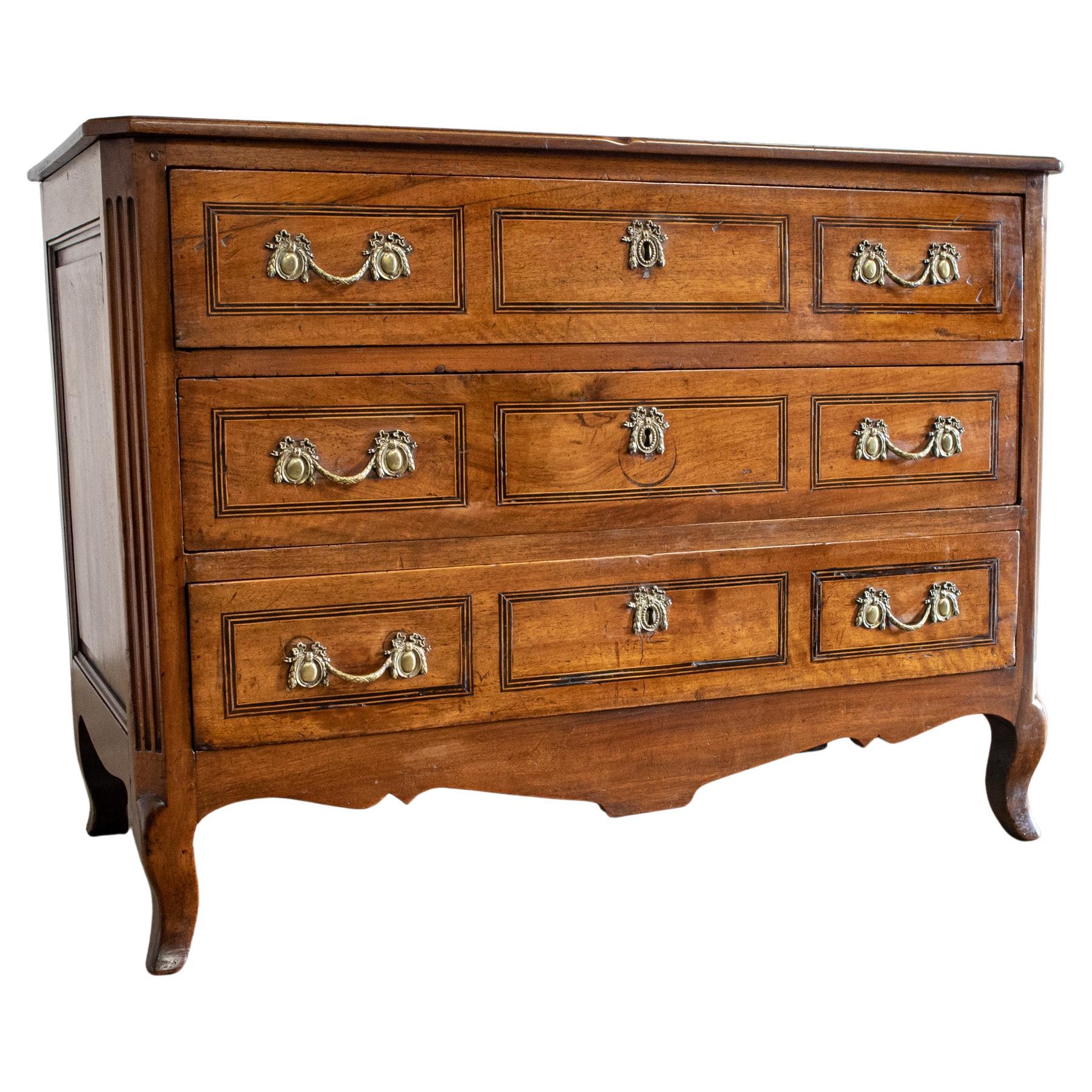 18th Century French Walnut Three Drawer Commode For Sale