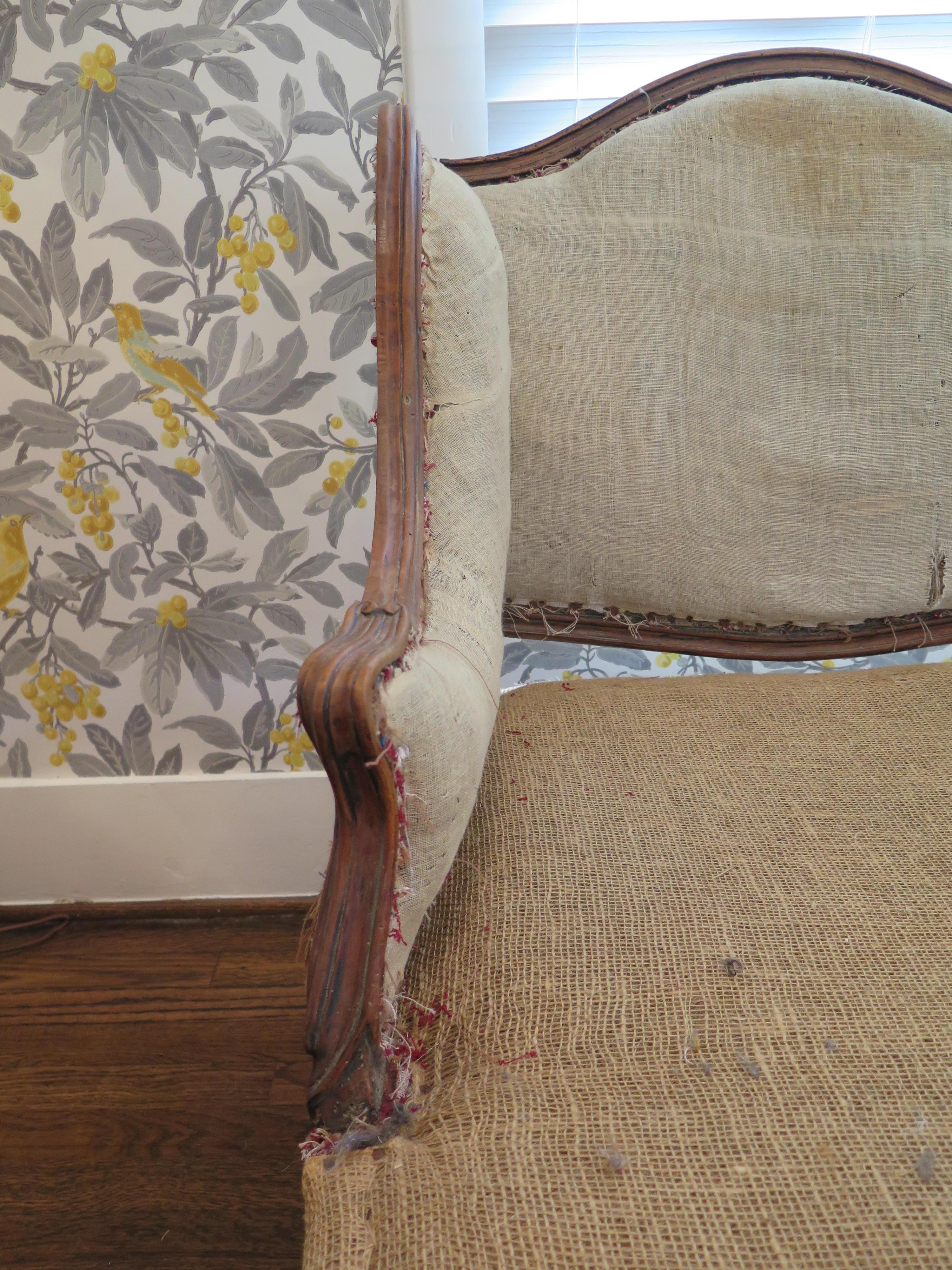 18th century French walnut three-seat canapé frame, ready to be upholstered in the perfect fabric for your room.