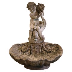 18th Century French Weathered Stone Bird Bath Fountain with Cherub