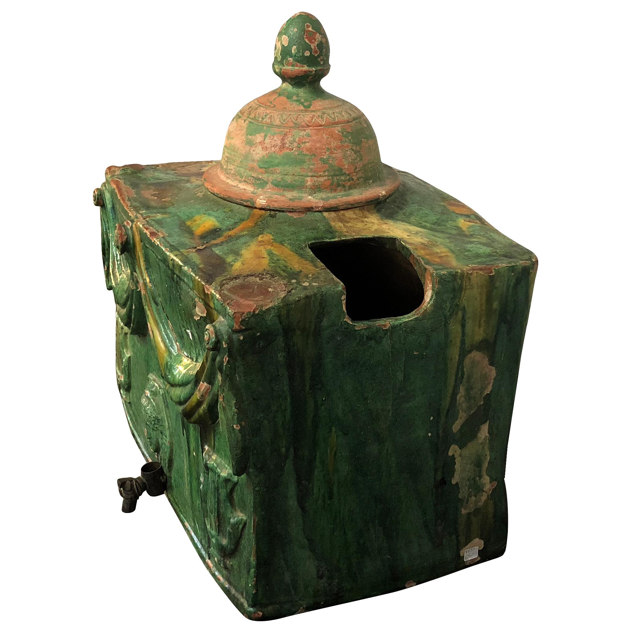 Glazed 18th Century French Green Terra Cotta Wine Cooler, Provencal Table Décor