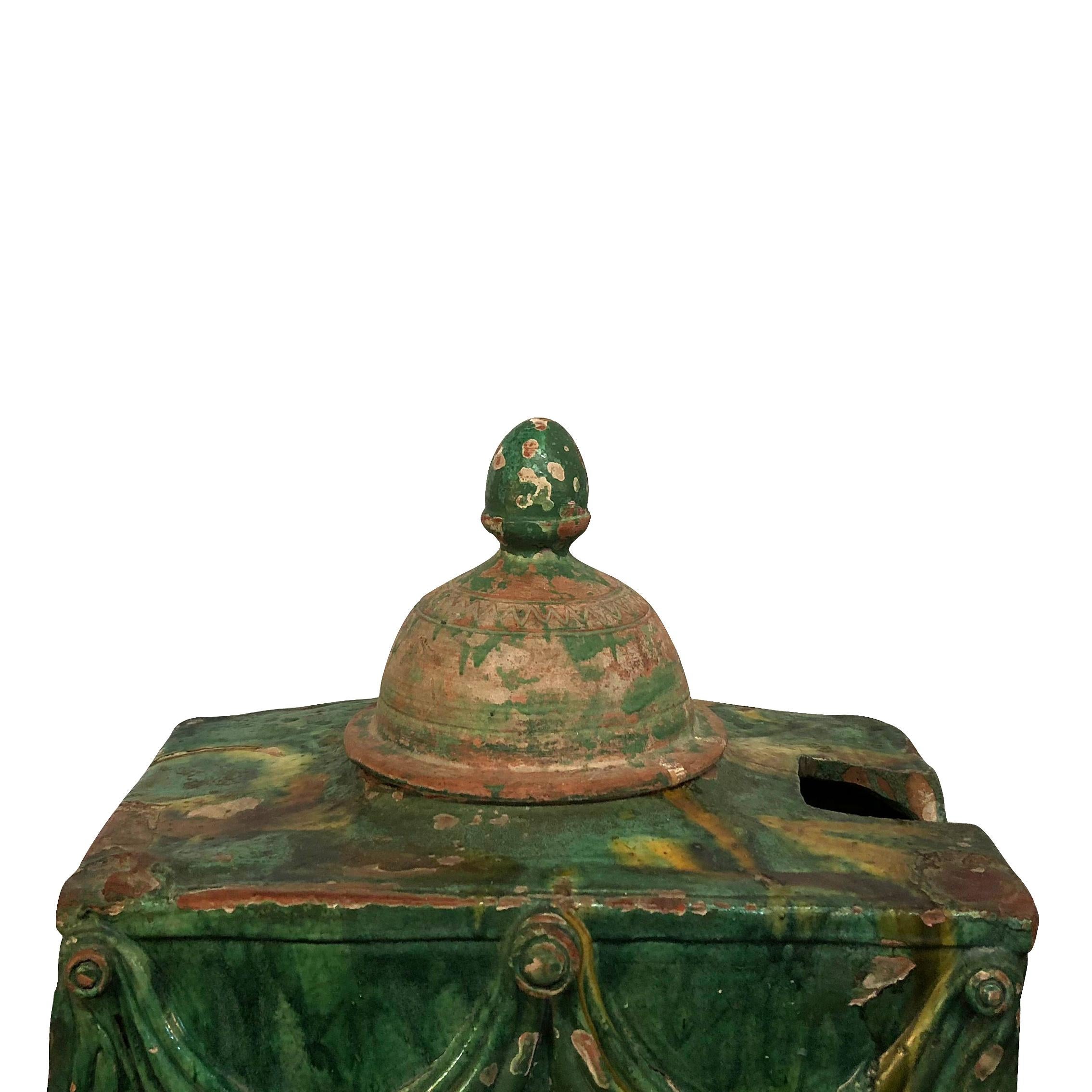 18th Century French Green Terra Cotta Wine Cooler, Provencal Table Décor In Good Condition In West Palm Beach, FL