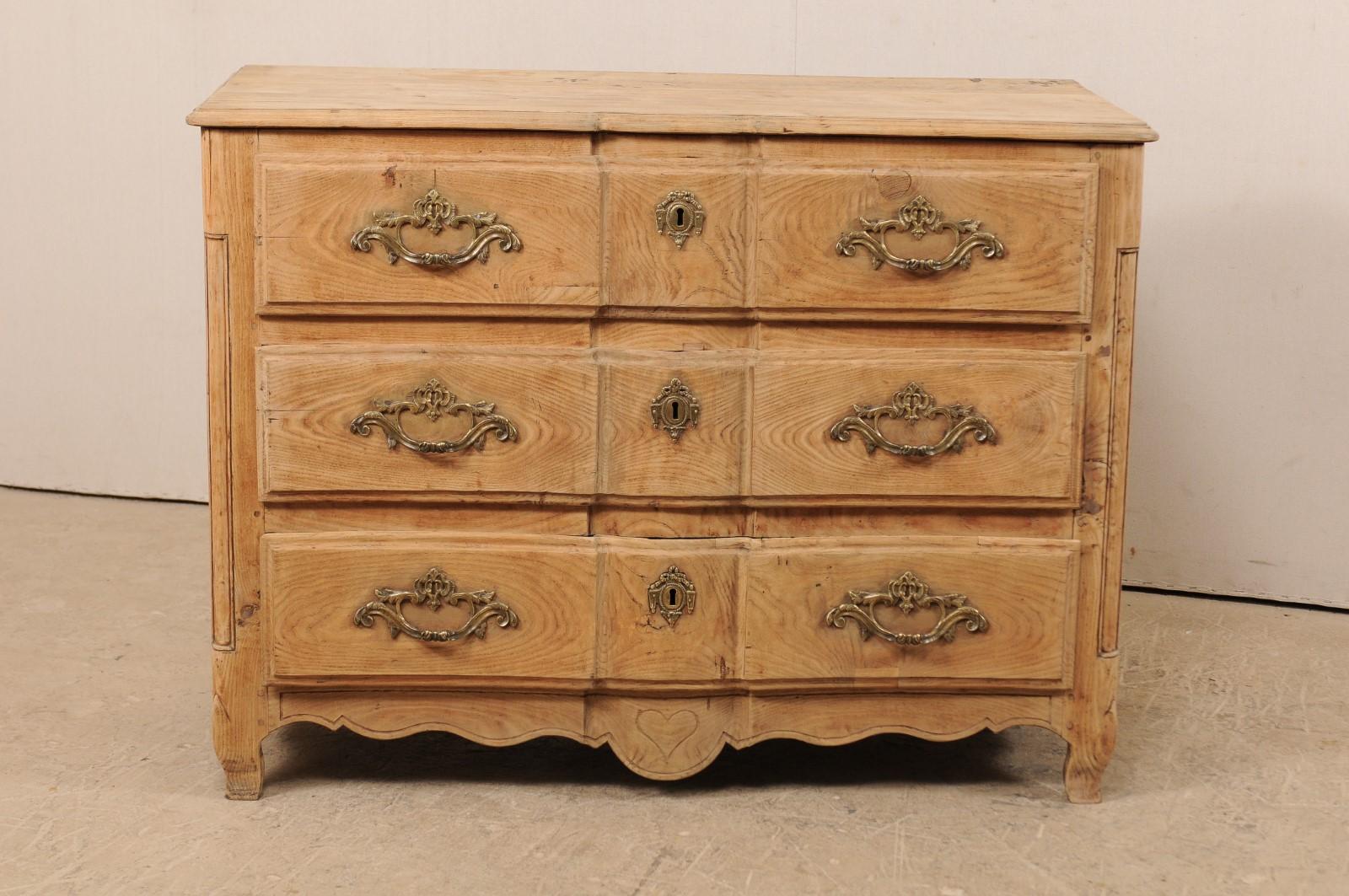 Carved 18th Century French Oxbow-Front Chest of Three Drawers w/ Rococo Brass Hardware