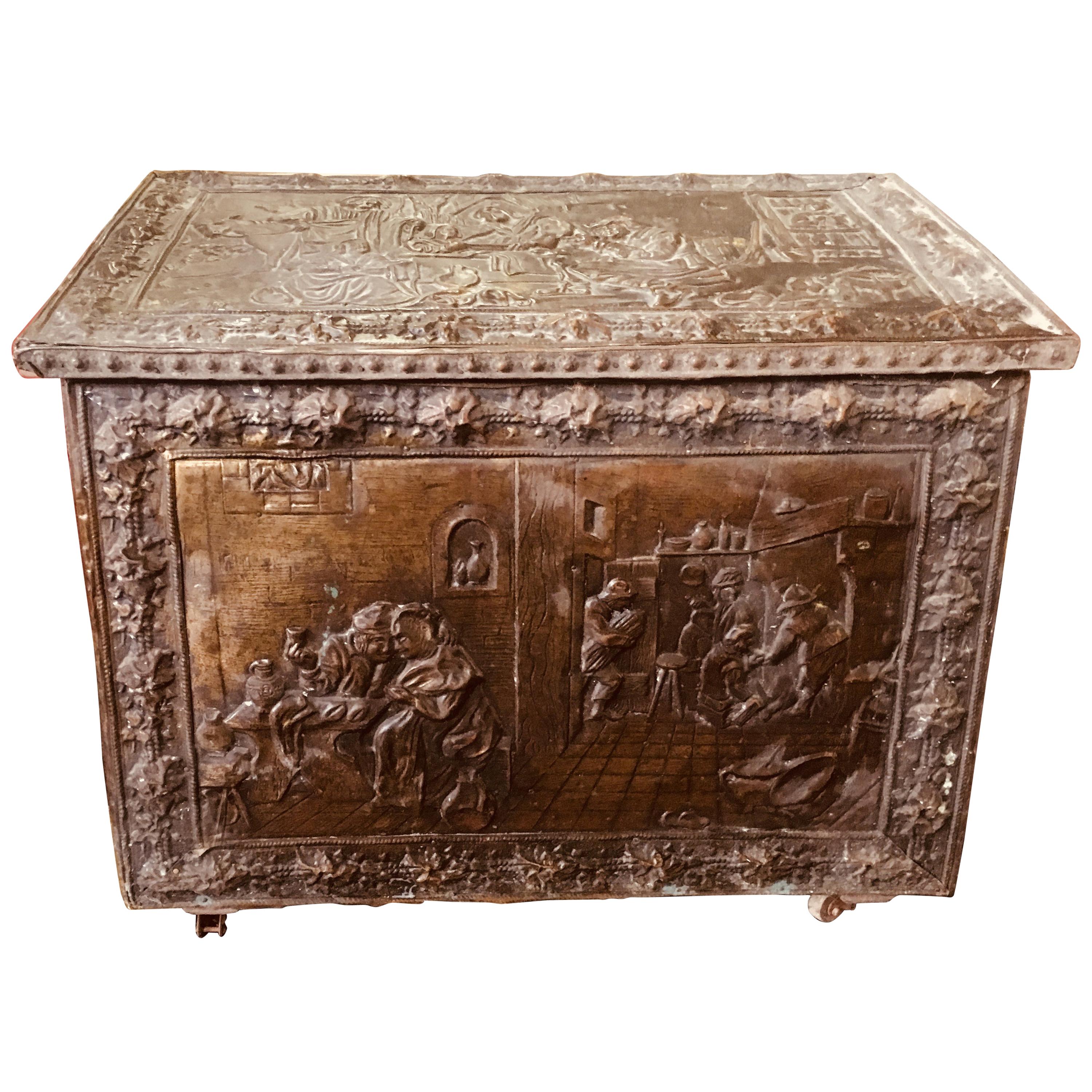 18th Century French Wooden Coffer or Trunk Covered with Wrought Iron