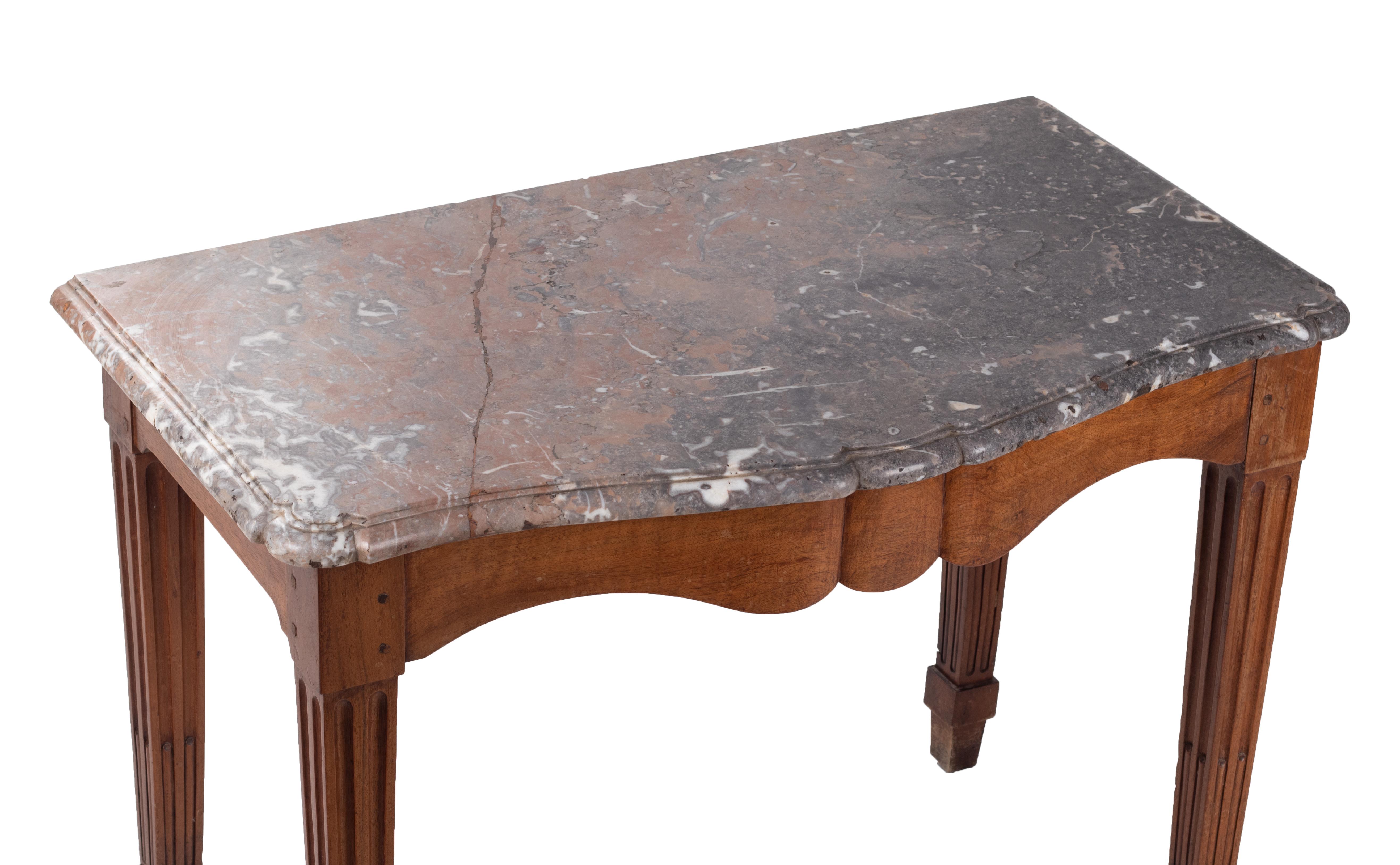 18th century French wooden console table with marble top.