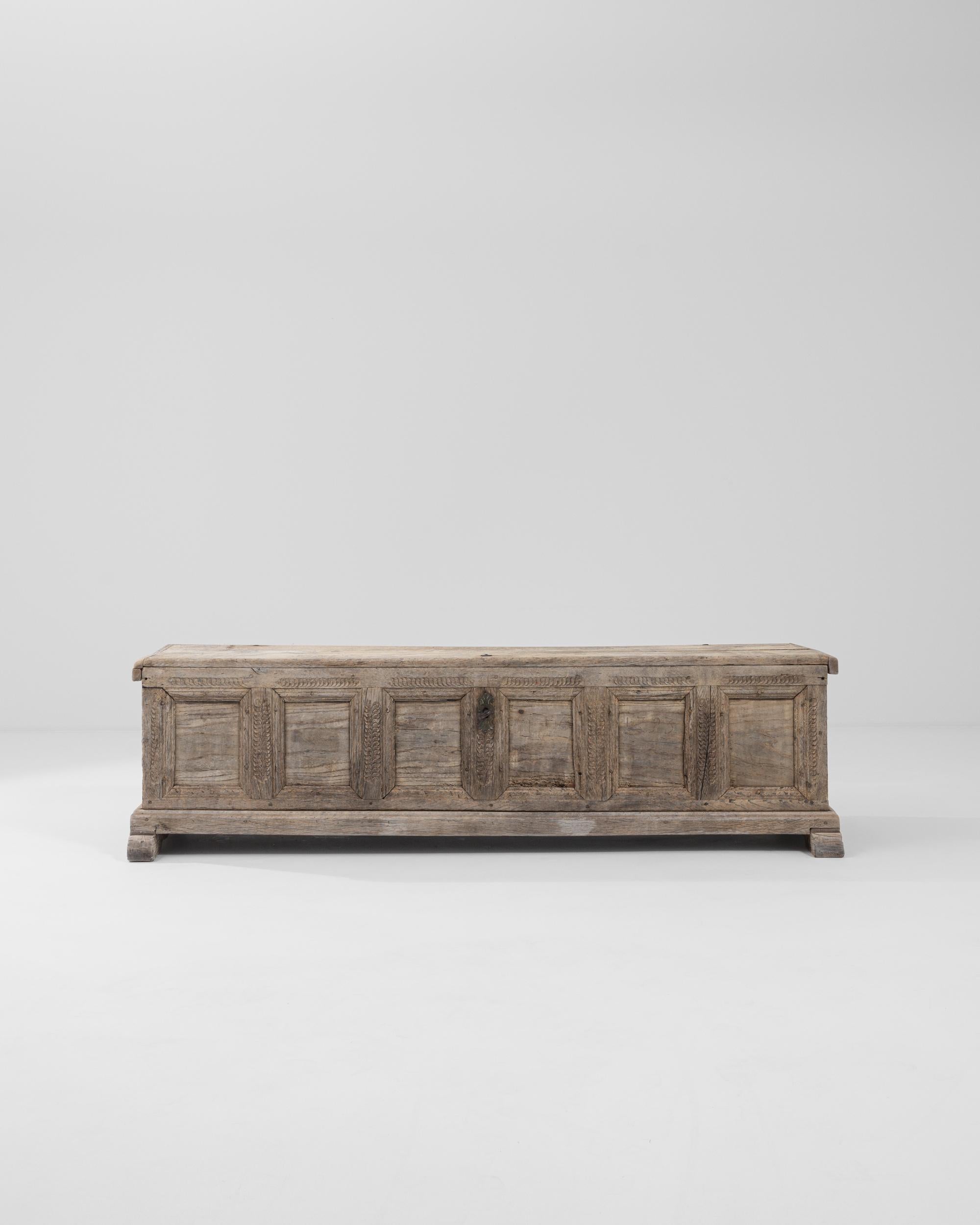 A wooden trunk from 18th century, France. The charming rustic quality of this expansive wooden trunk has been elevated by the fastidiously hand-carved leaf patterning that wreathes its six rectangular panels. The time touched wood, accompanied by