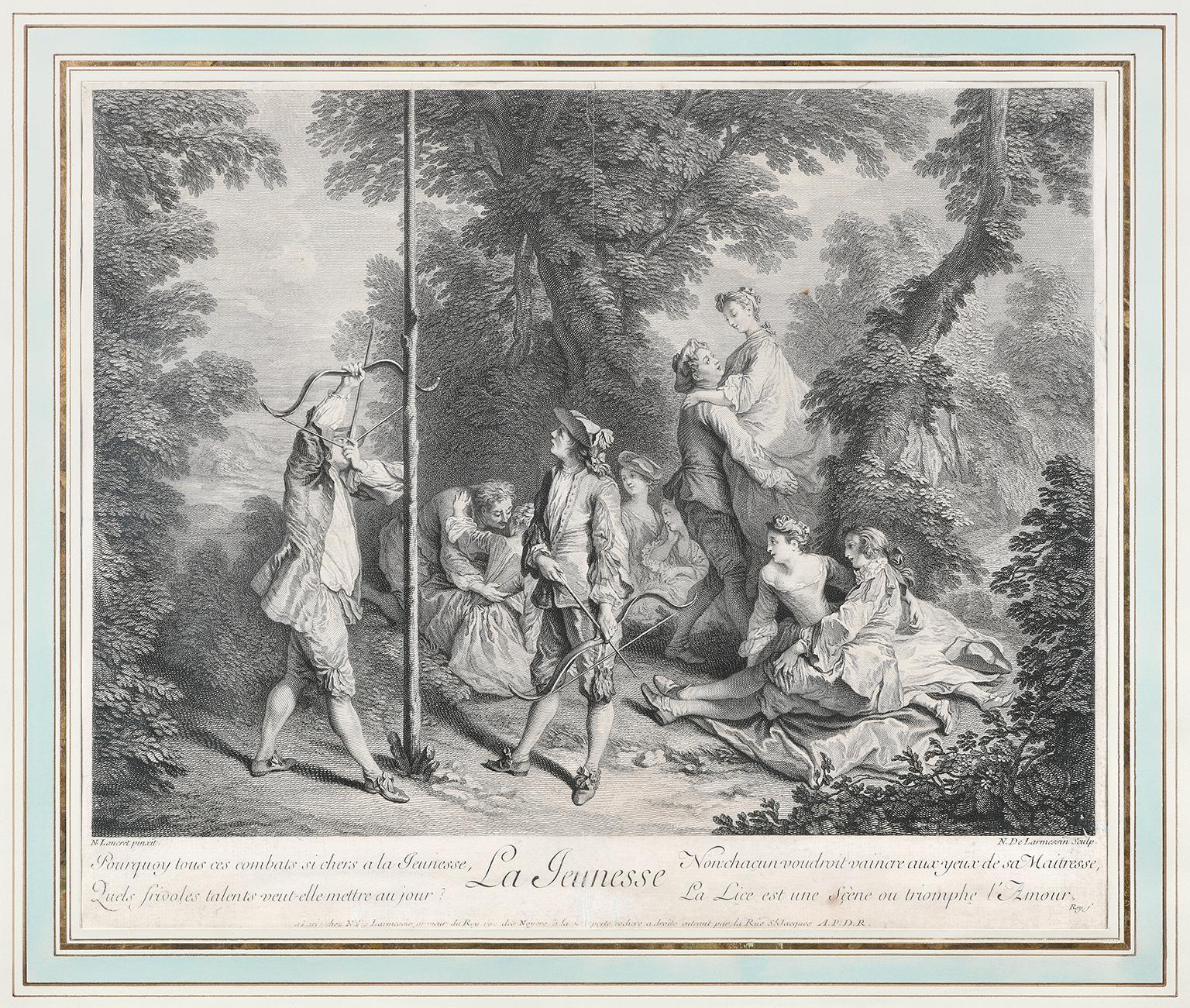 La Jeunesse
Tapisserie
Laine et soie polychromes
France, Aubusson, vers 1750
Il mesure 272 cm de hauteur x 265 cm de profondeur. 
Etat de conservation : bon
La tapisserie est accompagnée de la gravure dont le sujet a été tiré.
La gravure