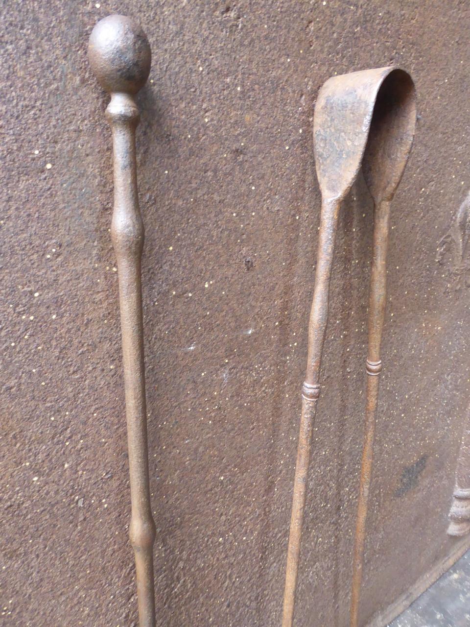 Forged French Wrought Iron Fireplace Tools or Fire Tools, 18th Century 