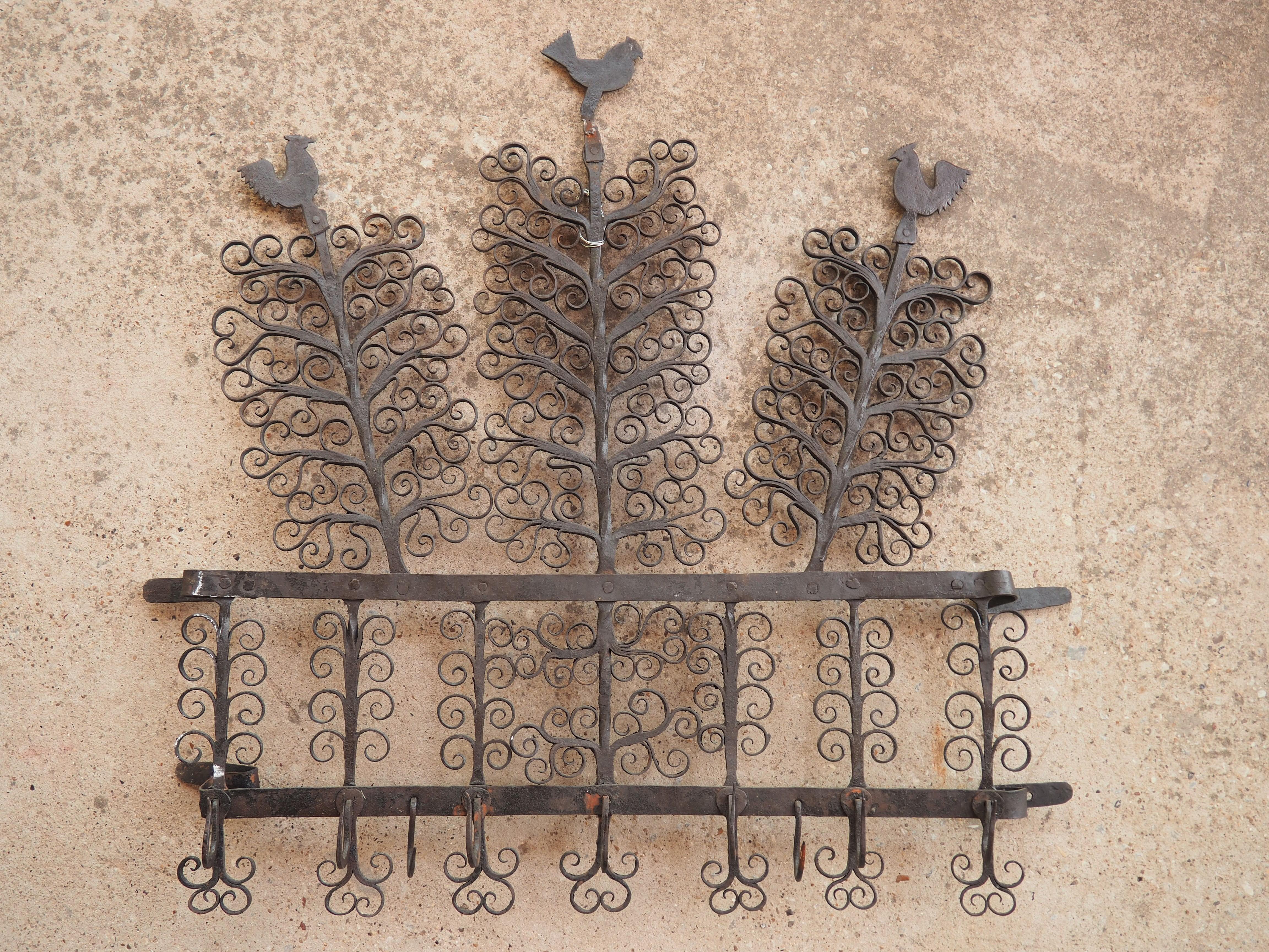 18th Century French Wrought Iron Kitchen Hook Rack with Rooster Motifs 11