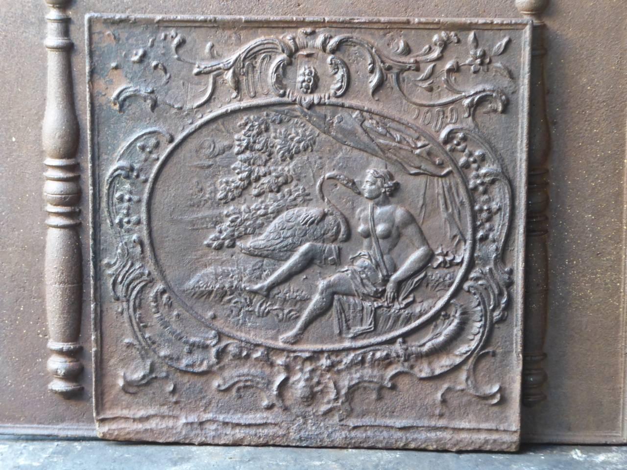 18th century French fireback with Zeus and Leda. Zeus transformed himself into a swan to seduce the beautiful Leda.

We have a unique and specialized collection of antique and used fireplace accessories consisting of more than 1000 listings at