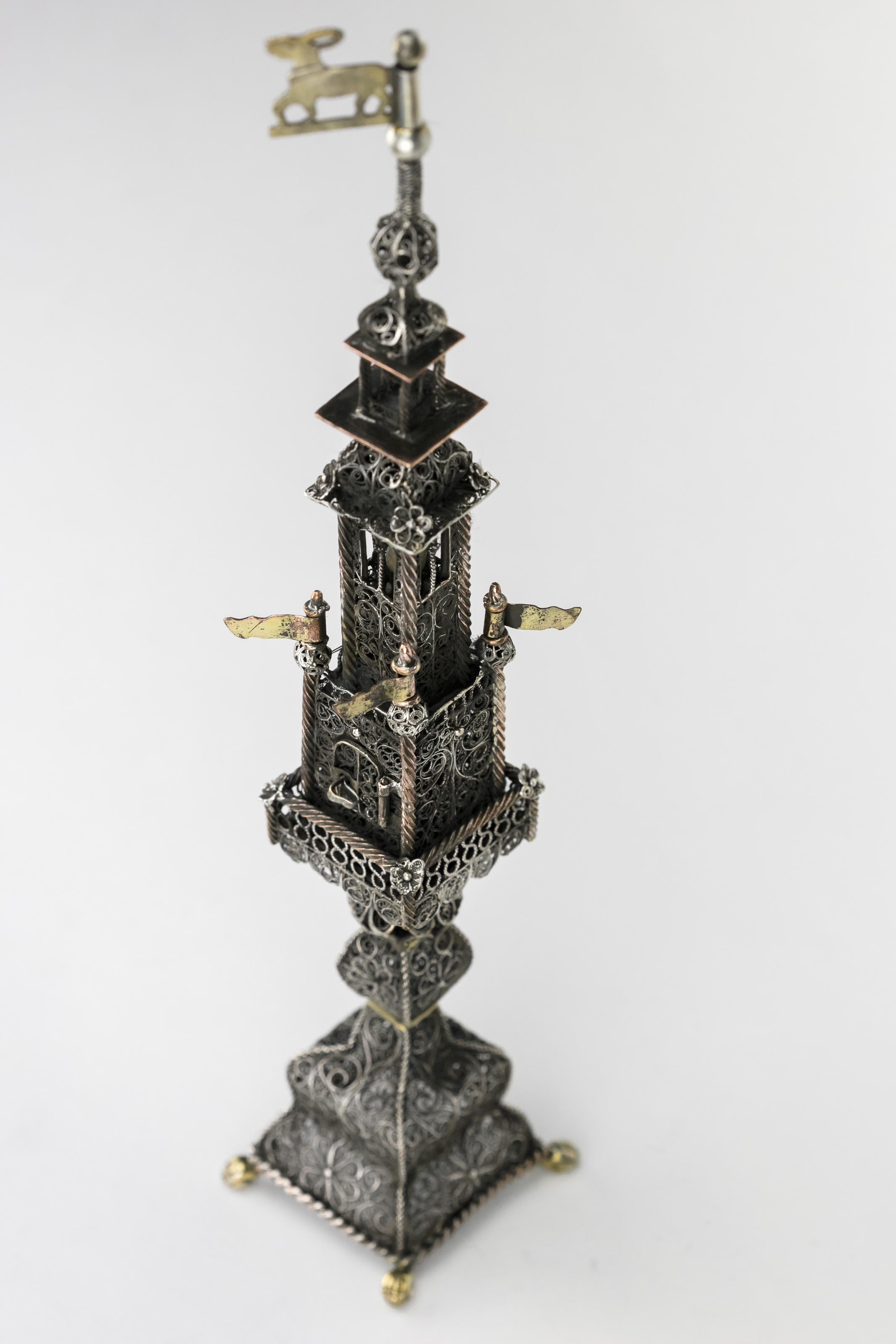 Silver filigree spice tower, Lemberg, Habsburg Empire, circa 1770. 
Resting on four gilded ball-and-claw feet, this tall tower (13.5 inches in height), is one of a group of similarly constructed and sized silver filigree spice towers hailing from