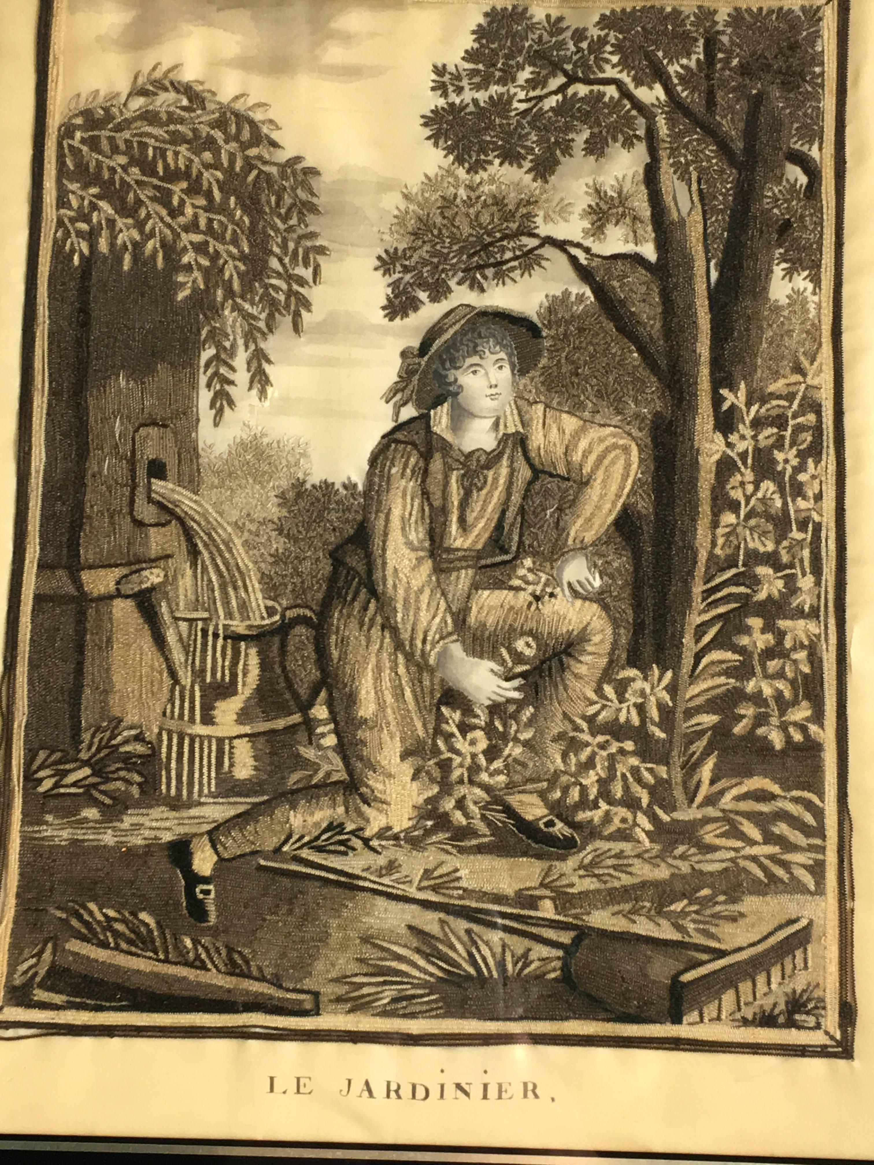 A late 18th century French needlepoint portrait or a gardener, circa 1780, with watering can, fountain, rake and other garden tools, titled 