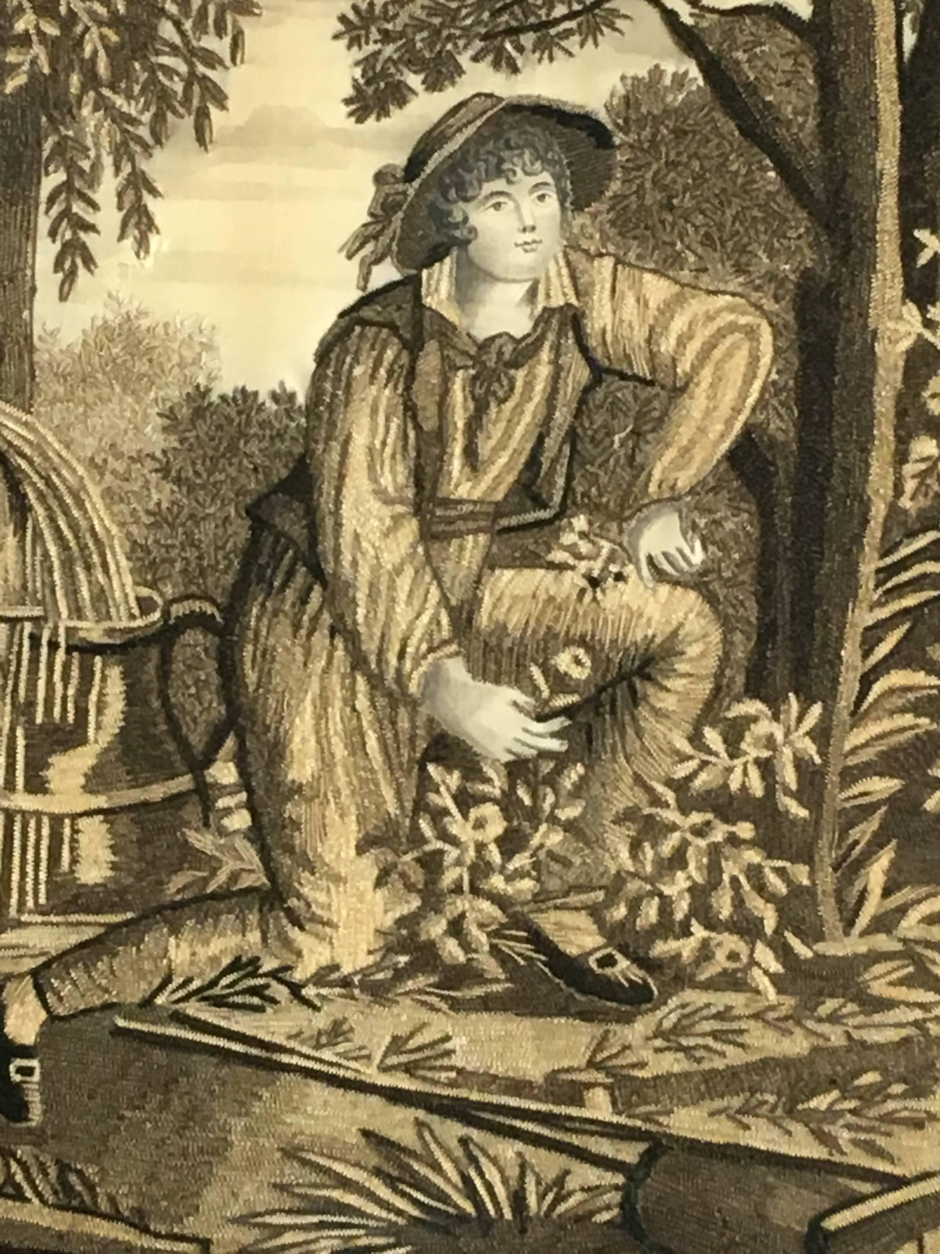 French 18th Century Garden Themed Needlepoint Portrait