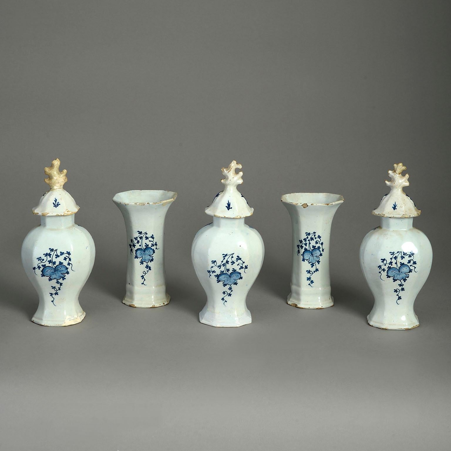 Dutch 18th Century Garniture of Blue & White Delft Vases